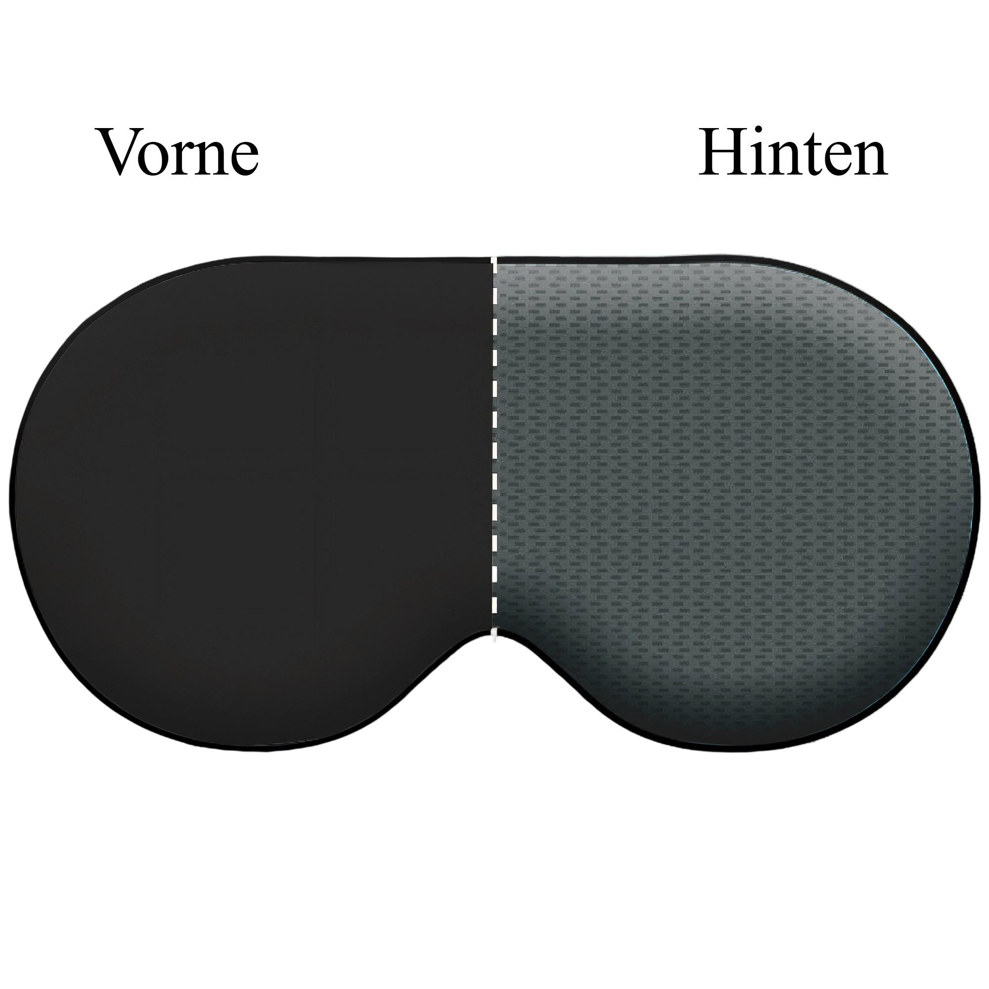 Ein ovaler Autosonnenschutz ist in der Mitte geteilt. Die linke Seite ist schwarz und die rechte Seite grau gemustert.