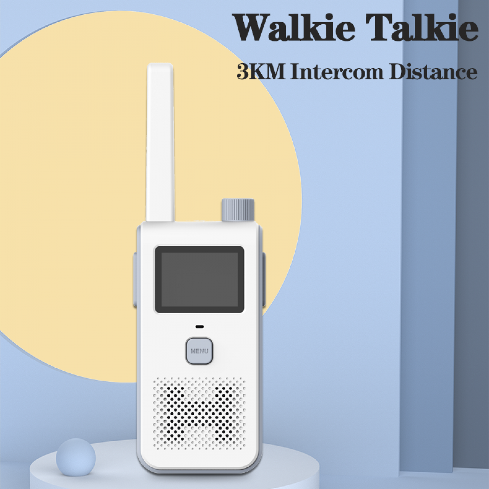 Weißes Walkie-Talkie mit Antenne, Bildschirm und Menütaste vor blau-gelbem Hintergrund mit Text.