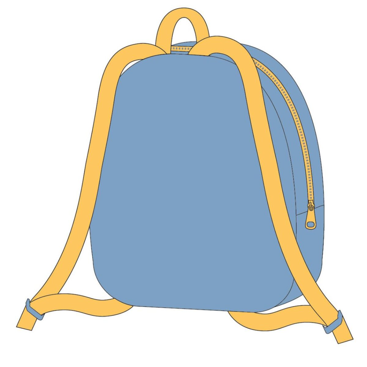 Blauer Rucksack mit gelben Trägern und Reißverschluss. Der Reißverschluss verläuft vertikal. Die Träger beginnen unten und gehen nach oben.