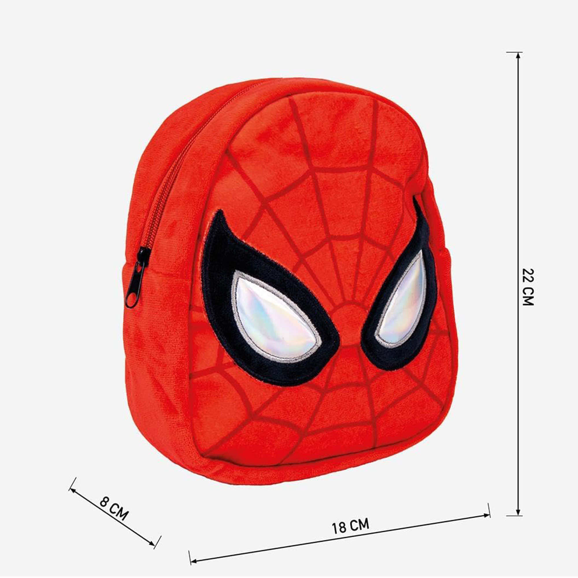 Mochila roja de Spider-Man con contornos de ojos negros, ojos blancos y un diseño de telaraña. Se muestran las dimensiones.