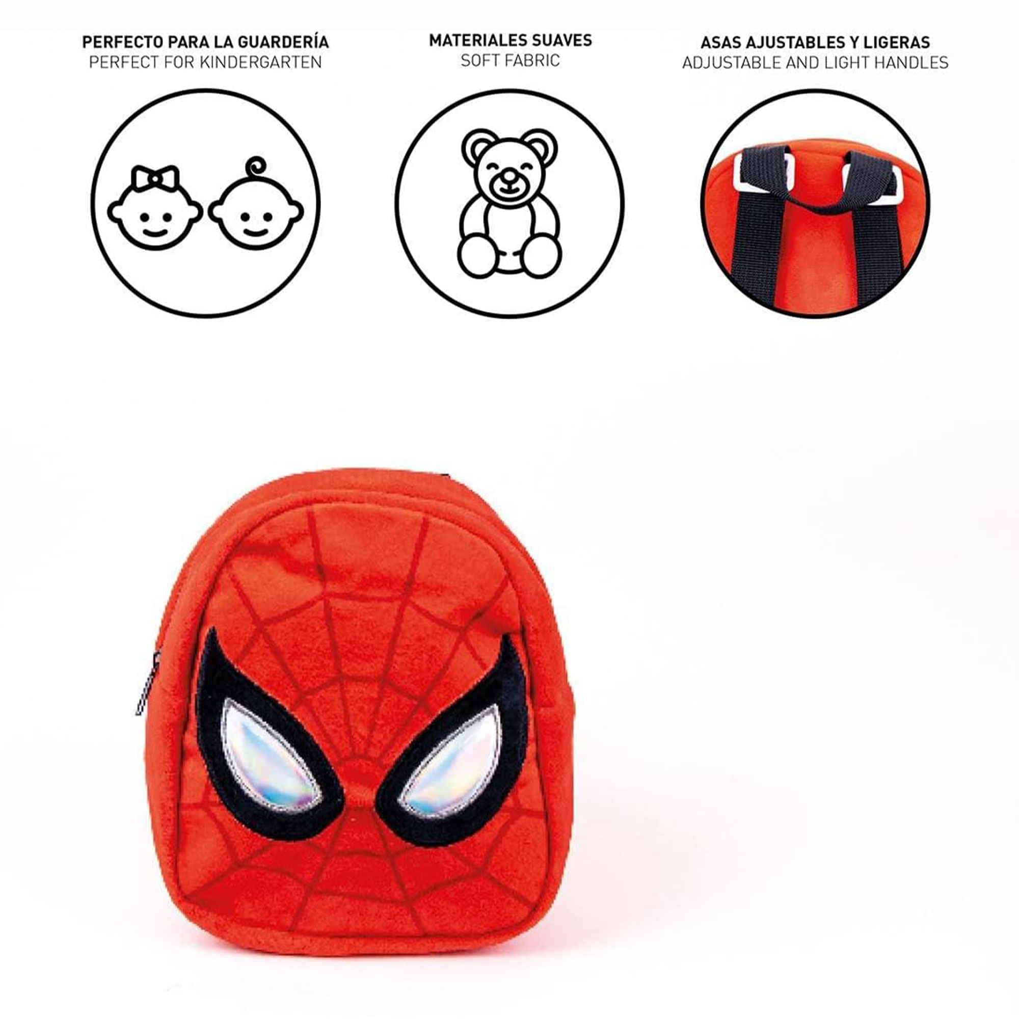 Una mochila roja de Spider-Man con detalles de ojos negros y fondo blanco. Los iconos circulares muestran un bebé, un oso y las asas.