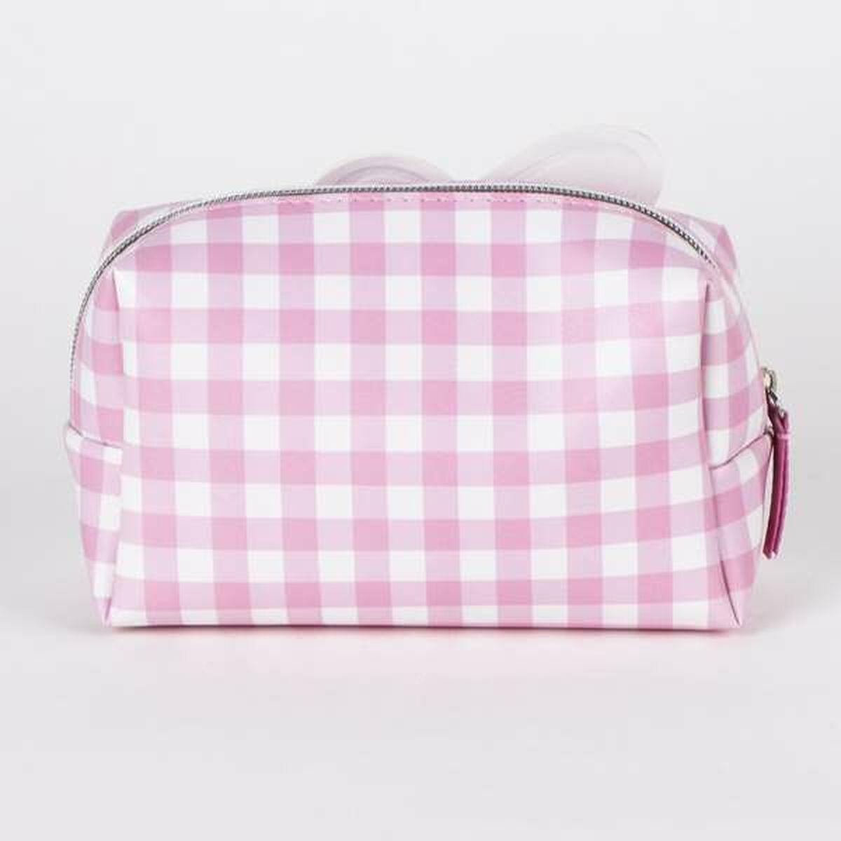 A pink and white gingham cosmetic bag with a white bow on top. It has a zipper closure and a small side pocket.