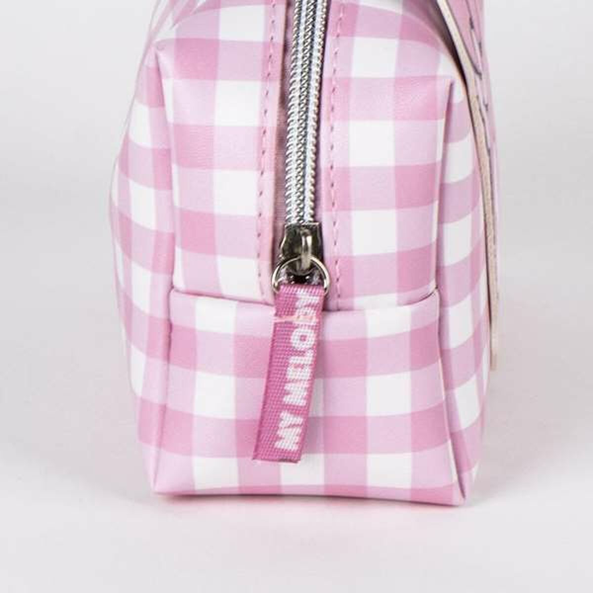 A pink and white checkered pouch with a silver zipper. The zipper pull reads "MY MELODY" in white text. The background is plain white.