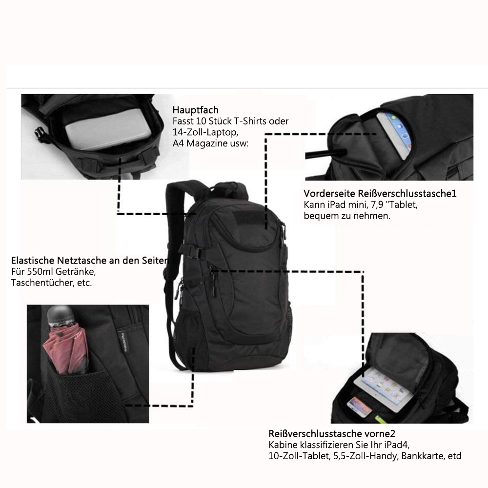 Schwarzer Rucksack mit mehreren Fächern. Er hat Taschen für ein Tablet, Laptop, Wasserflasche und andere Gegenstände.