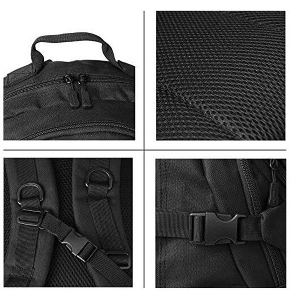 Nahaufnahme eines schwarzen Rucksacks. Details umfassen einen Griff, Reißverschlüsse, Mesh-Gewebe, Riemen und eine Schnalle. Das Bild ist in vier Abschnitte unterteilt.