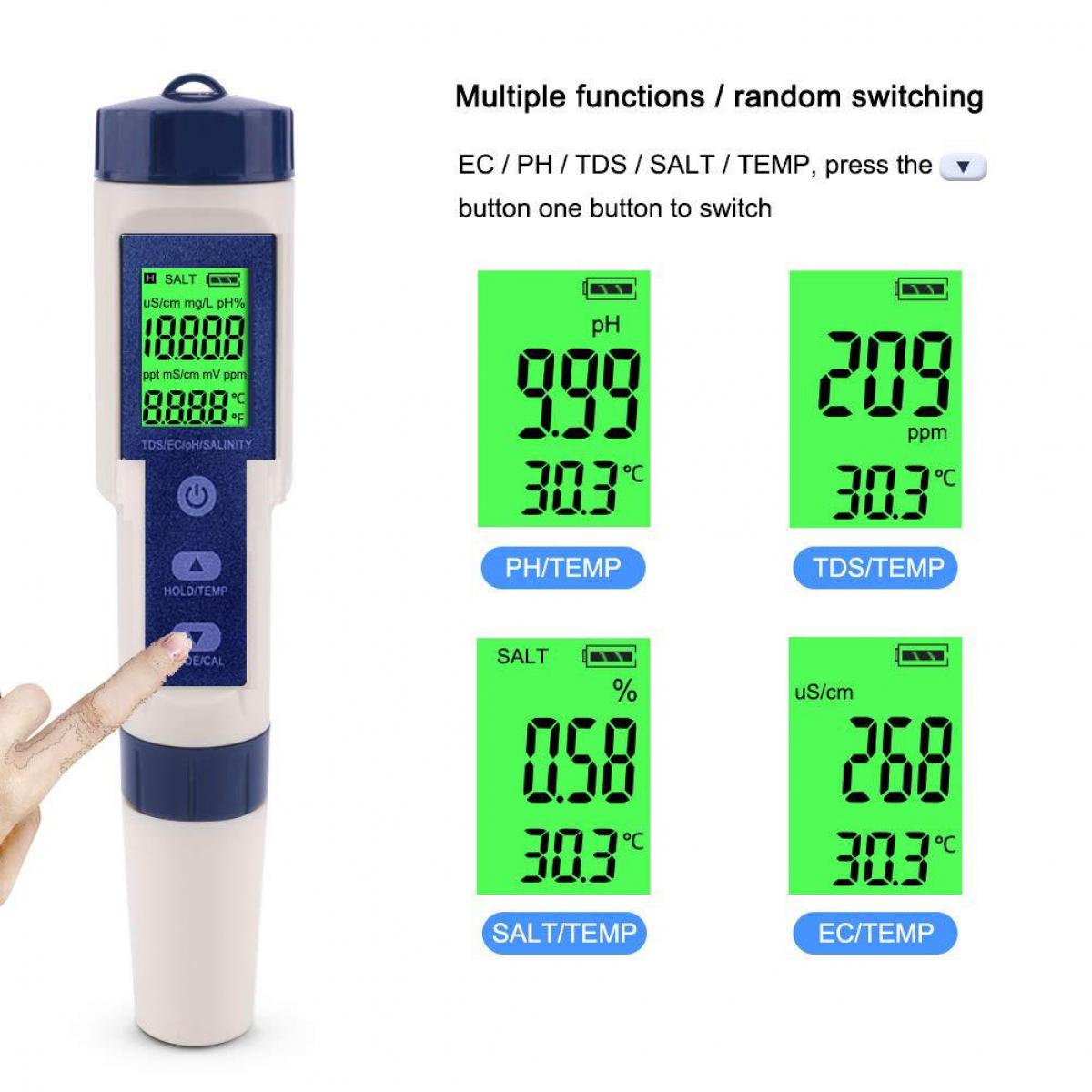 Ein tragbares digitales Messgerät, das Messwerte für pH-Wert, TDS und Temperatur anzeigt, mit mehreren Funktionstasten.