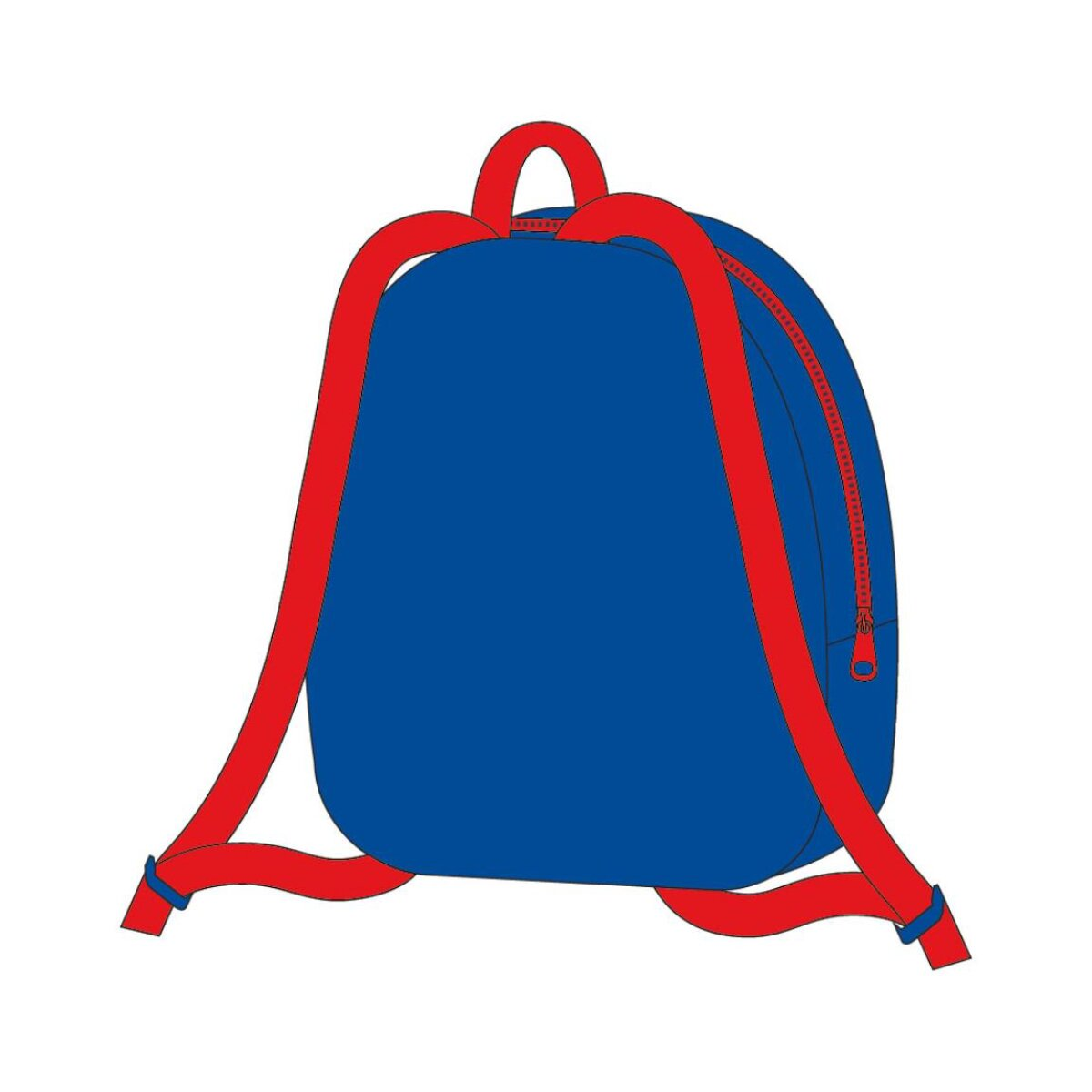 Blauer Rucksack mit roten Trägern und Reißverschluss auf weißem Hintergrund.