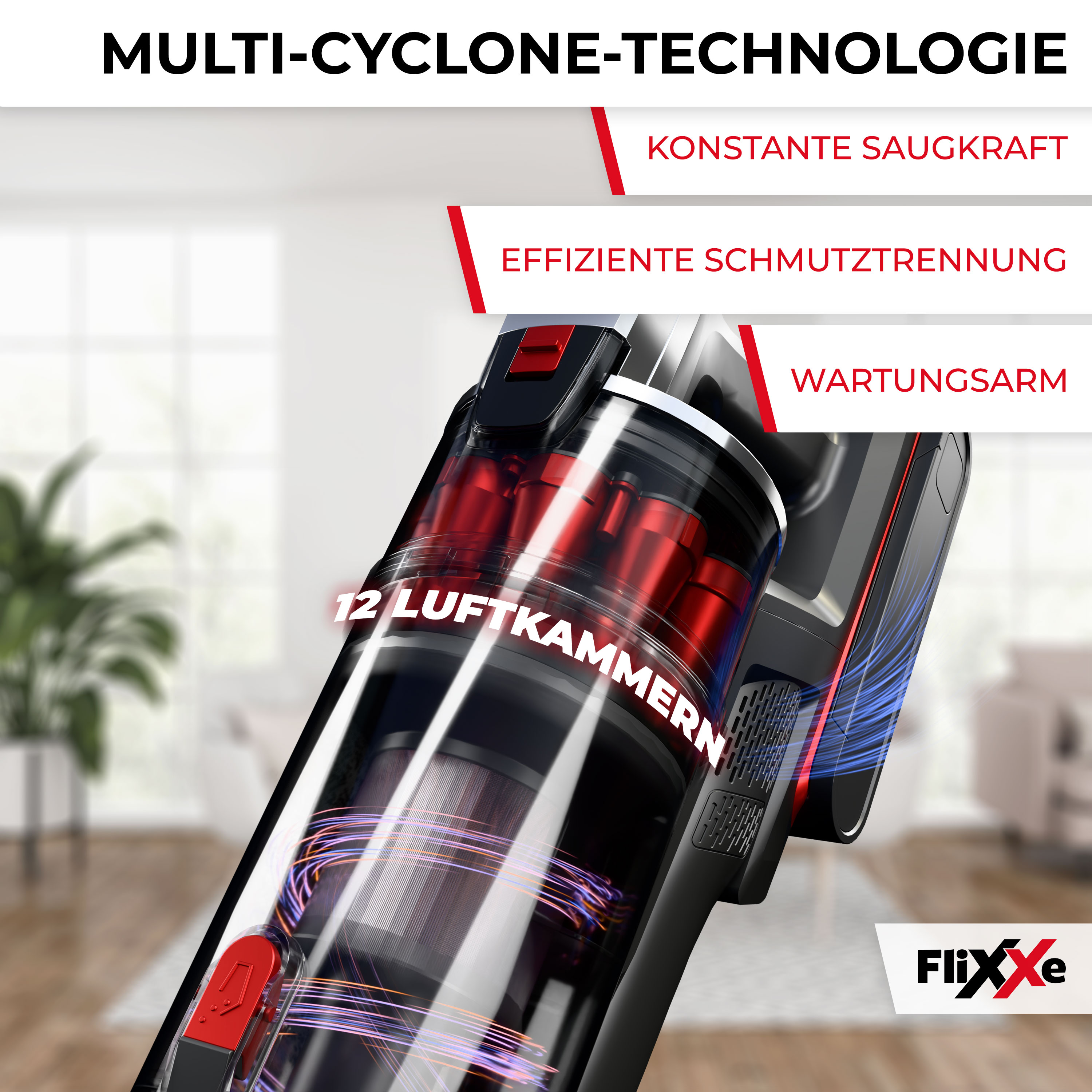 Primo piano di un aspirapolvere. Ha parti rosse e nere. Il testo include '12 Luftkammern' e 'MULTI-CYCLONE-TECHNOLOGIE'.