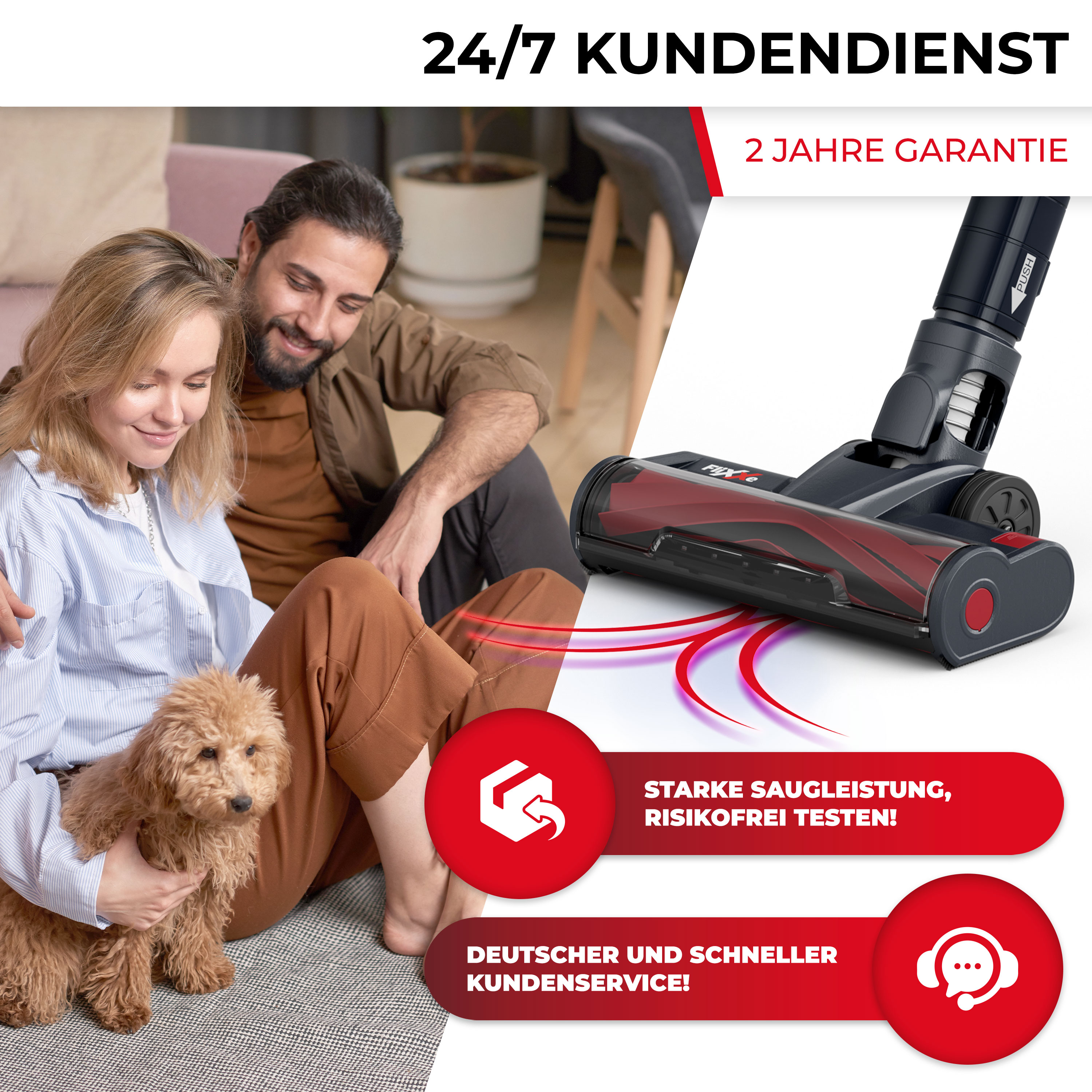 Una coppia con un cane vicino a un aspirapolvere. Testo: '24/7 Kundendienst', '2 Jahre Garantie'.