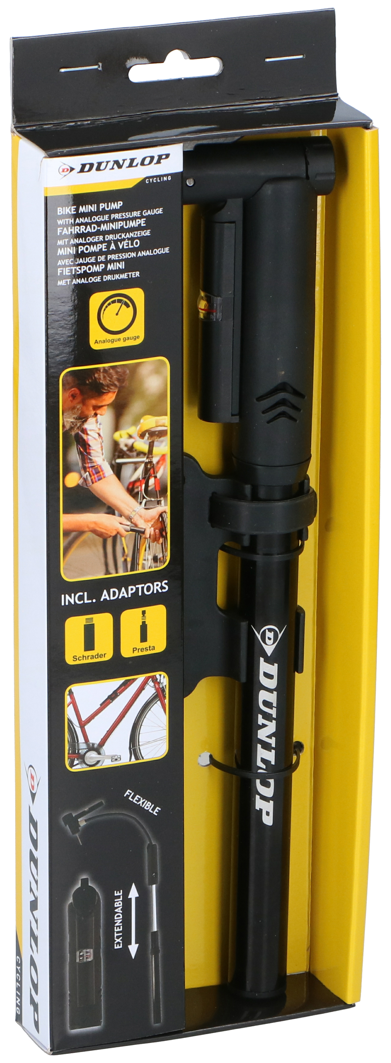 Eine Fahrrad-Minipumpe in einer Schachtel. Die Schachtel hat einen gelben Innenraum und schwarzen Text. Die Pumpe ist schwarz.