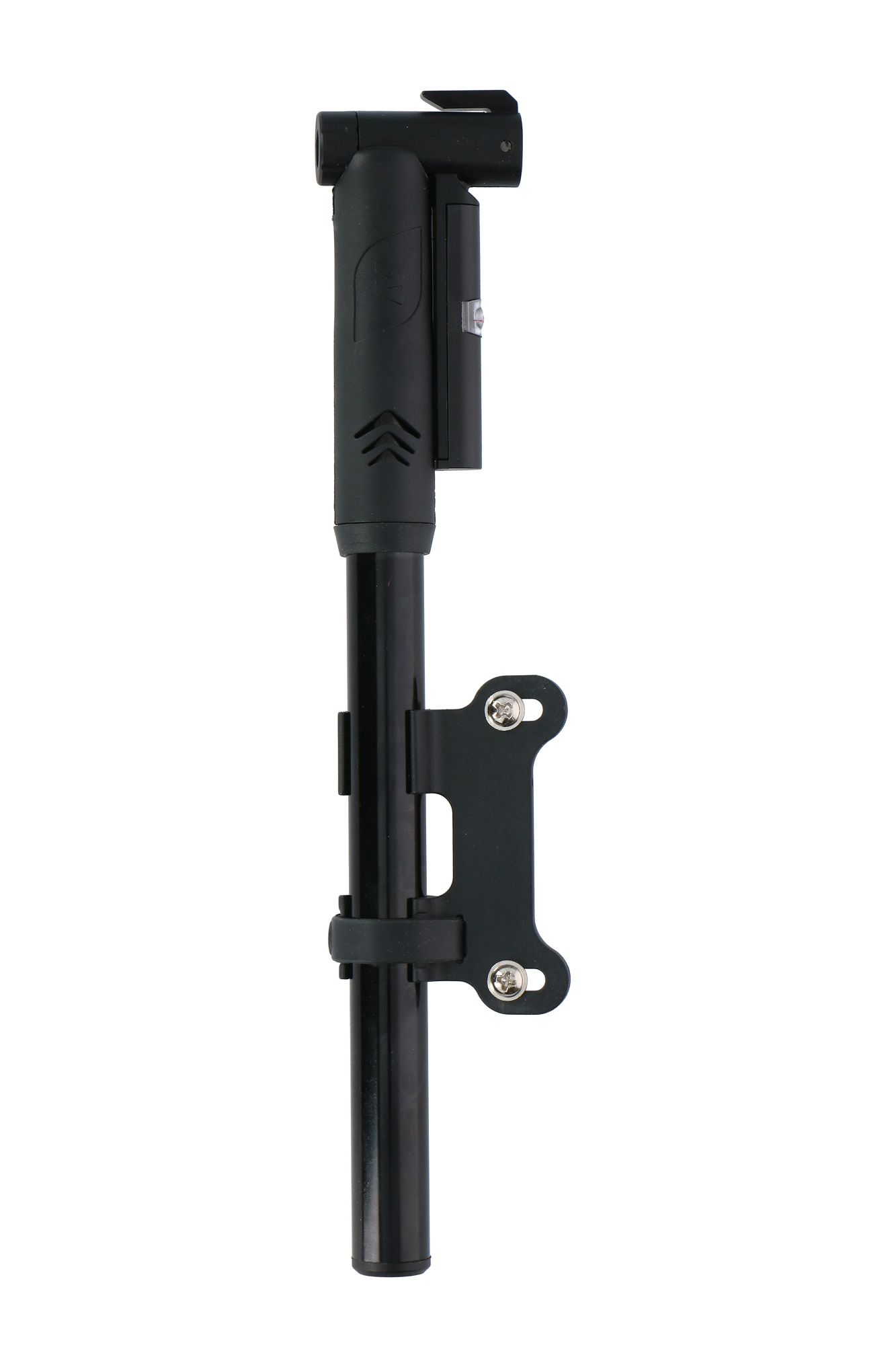 Schwarze Fahrradpumpe auf weißem Hintergrund. Sie hat einen Griff, ein Messgerät und eine Halterung zur Befestigung.