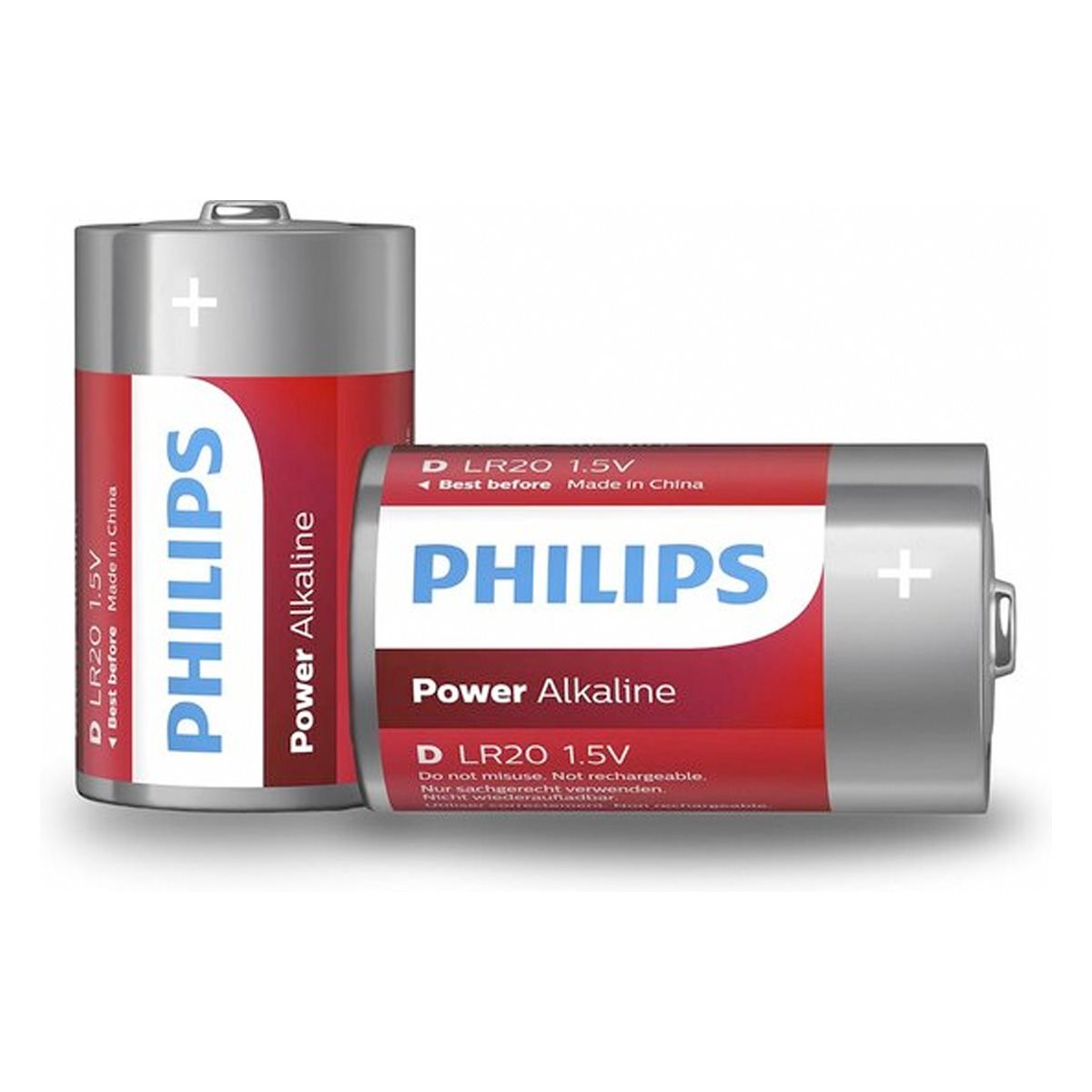 Dos pilas alcalinas Philips D LR20 1,5V. Una está de pie, la otra tumbada. Ambas tienen etiquetas rojas y blancas.