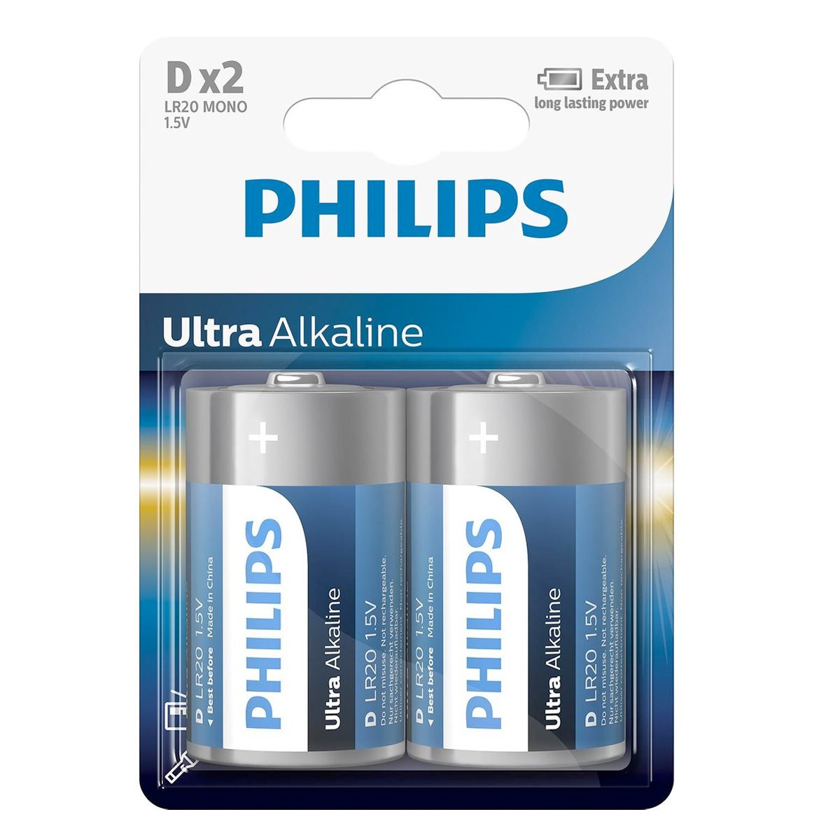 Una confezione di batterie Philips Ultra Alkaline. Sono visibili due batterie di tipo D, con il logo Philips e i dettagli del prodotto sulla confezione.