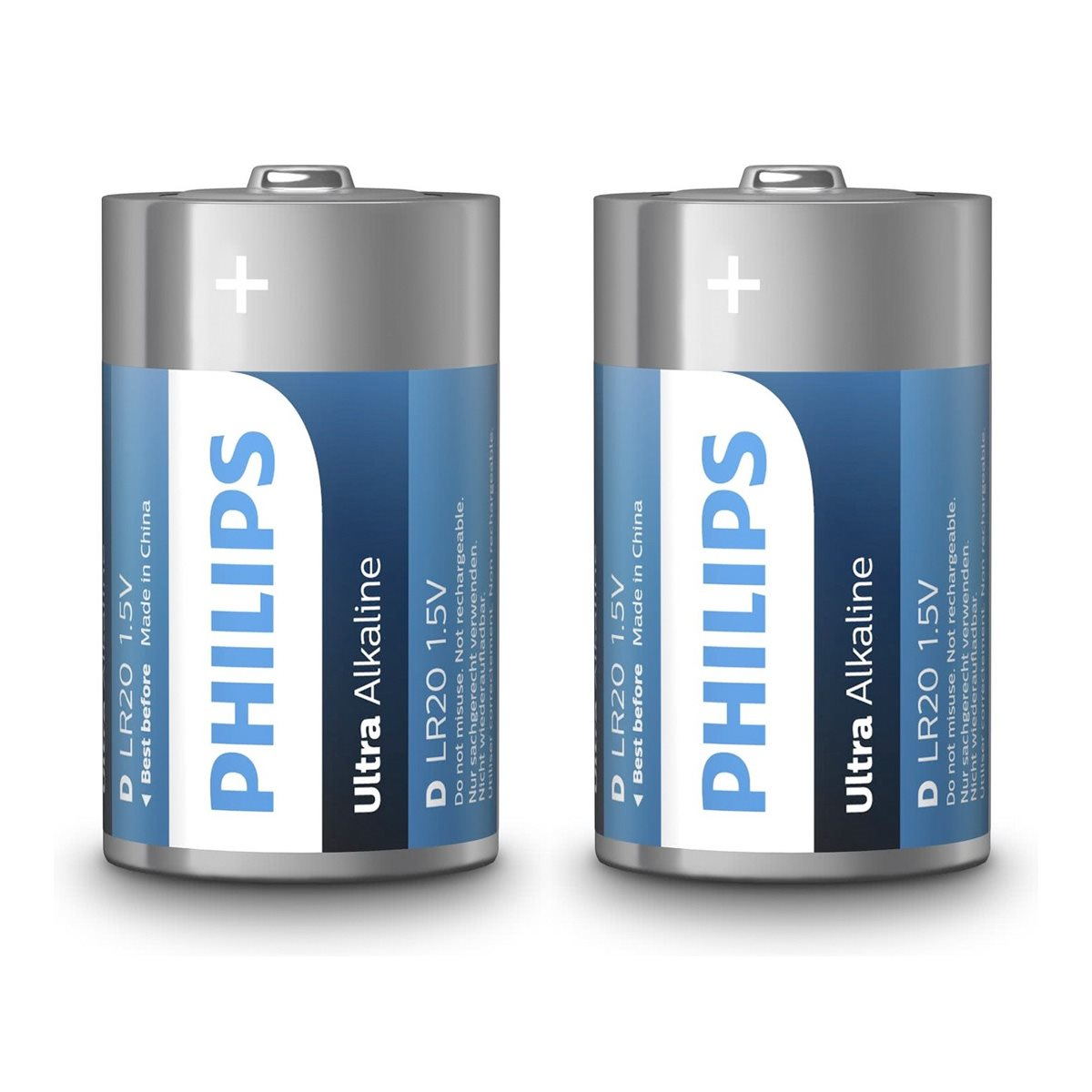 Due batterie Philips Ultra Alkaline D LR20 1.5V, affiancate. Sono argentate e blu con il logo e il testo Philips.