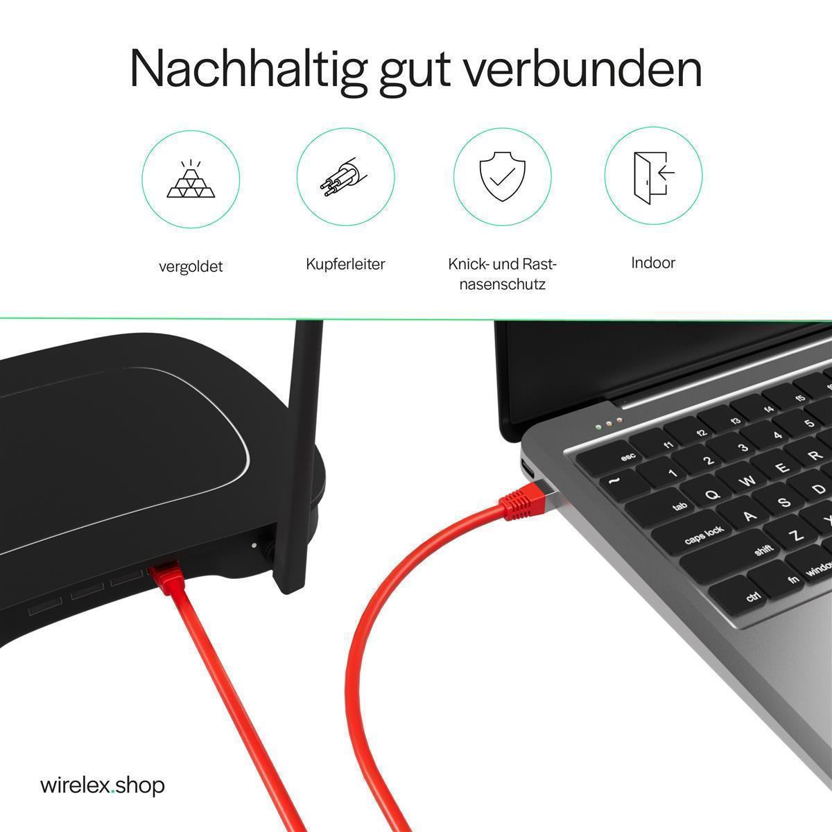 Ein Laptop, der über ein rotes Ethernet-Kabel mit einem schwarzen Router verbunden ist. Der obere Text lautet 'Nachhaltig gut verbunden'.