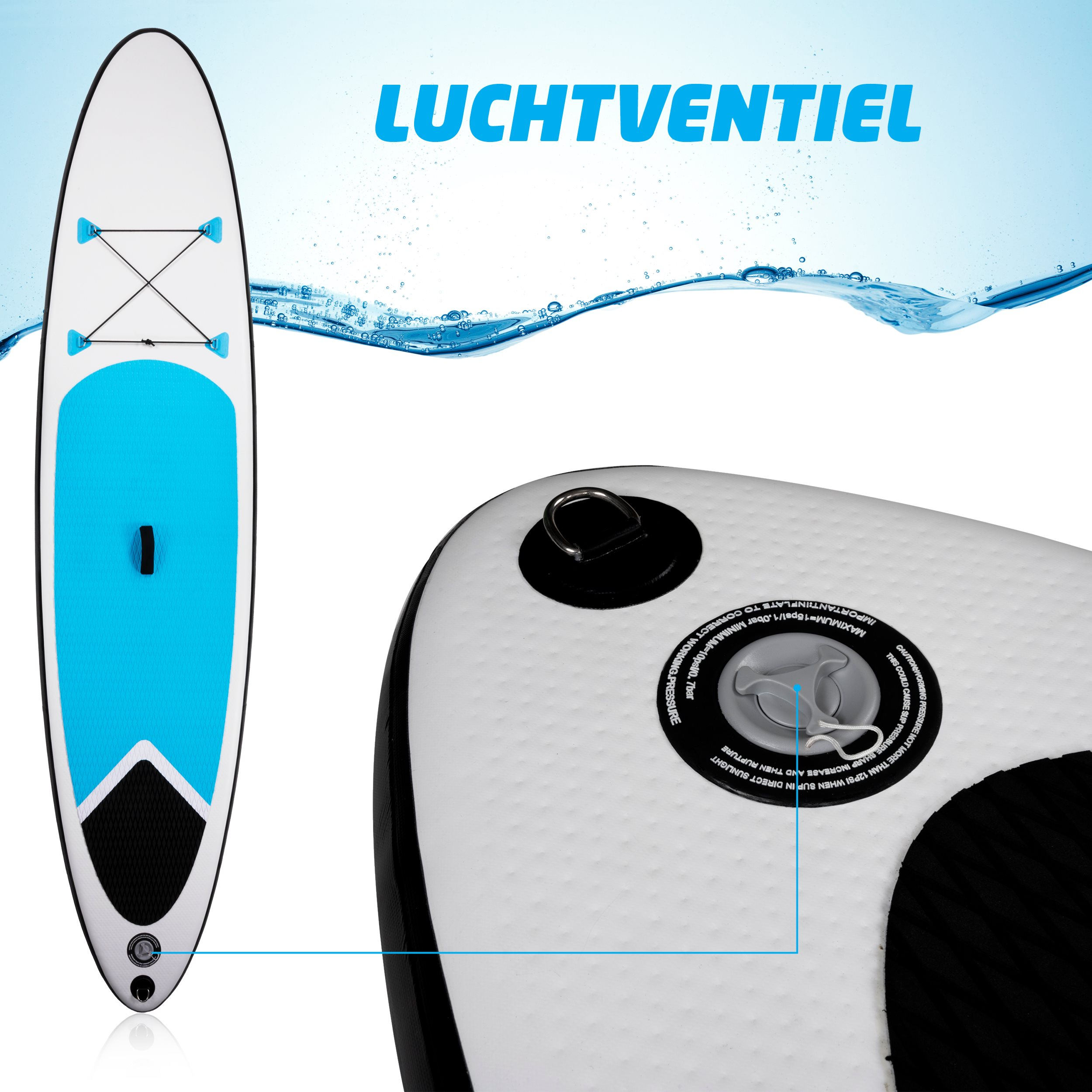 Een wit en blauw paddleboard met het woord 'LUCHTVENTIEL' en een close-up van de klep.