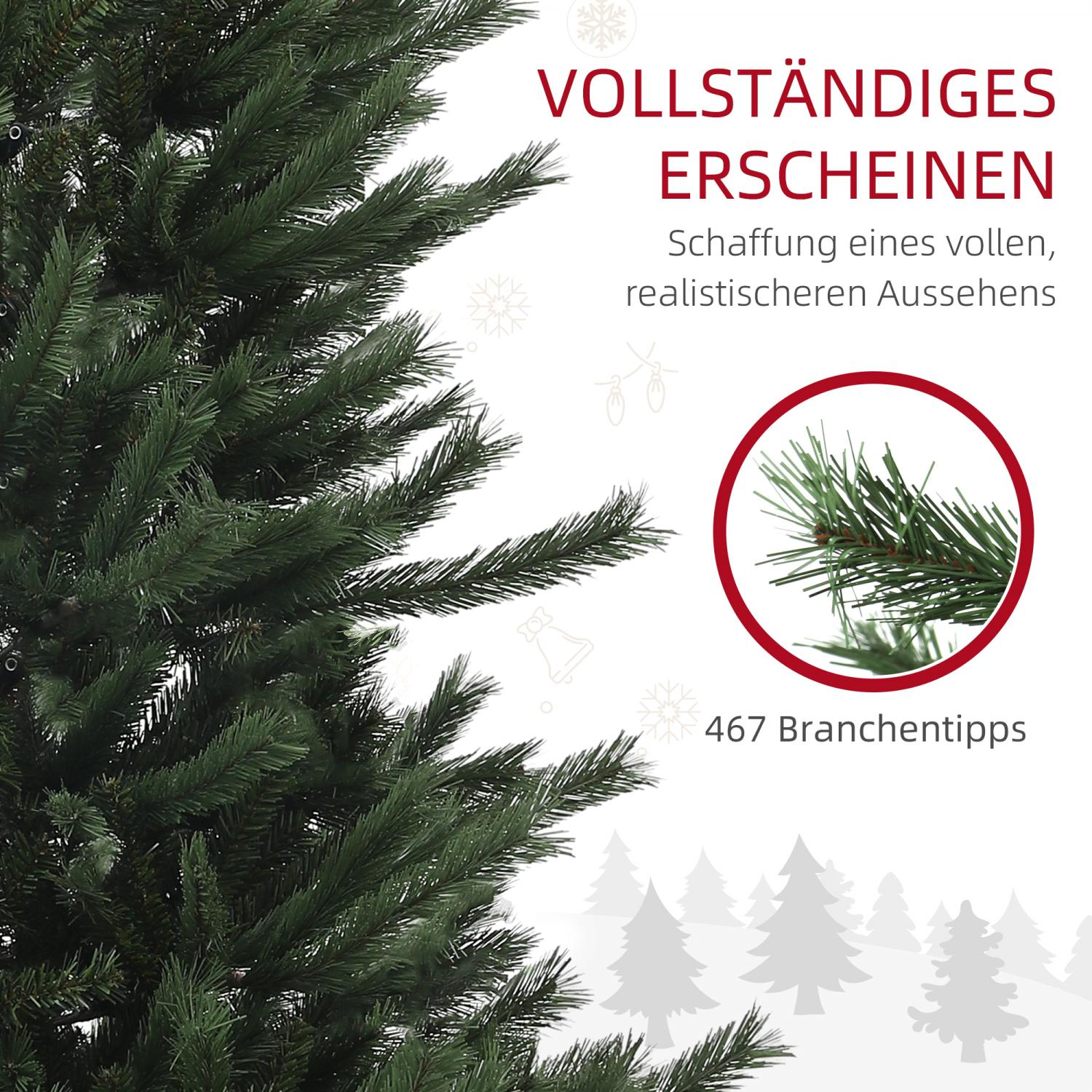Das Bild zeigt eine Nahaufnahme eines grünen künstlichen Weihnachtsbaums. Text auf Deutsch lautet: 'vollständiges Erscheinungsbild' und '467 Zweigspitzen'.