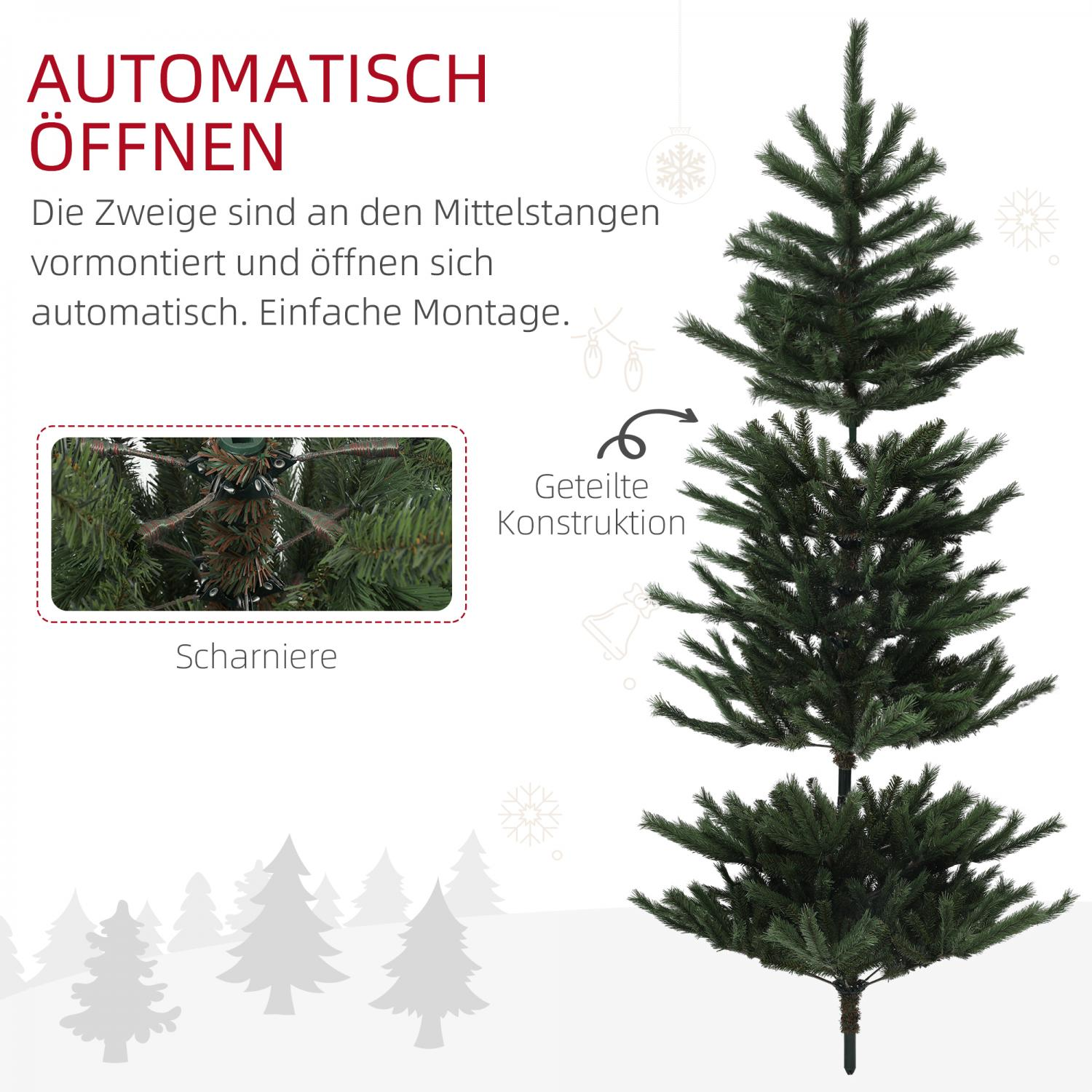 Ein grüner künstlicher Weihnachtsbaum mit Text, der automatisches Öffnen und einfache Montage anzeigt, mit einem Wald im Hintergrund.