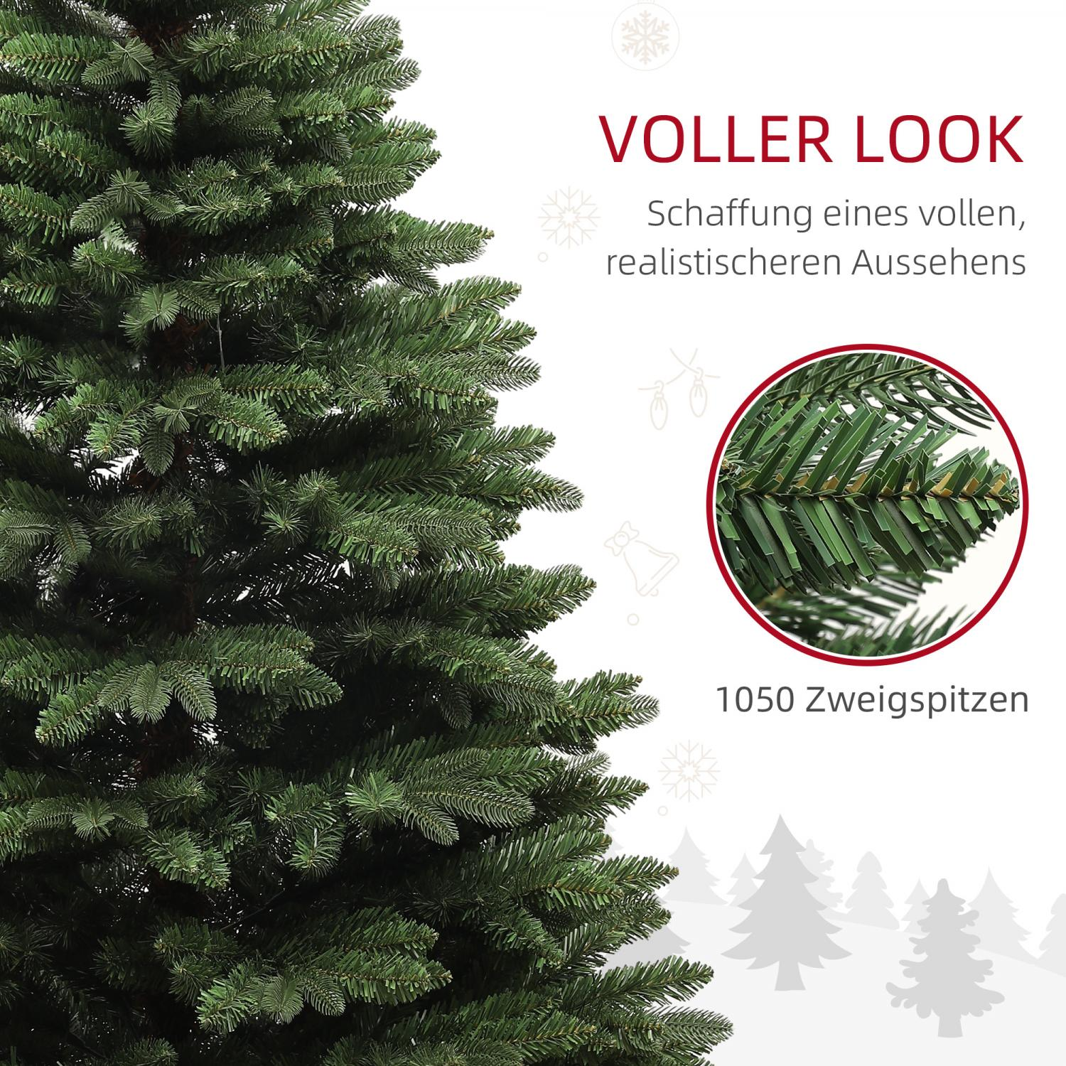 Grüner Weihnachtsbaum mit Nadeln. Text sagt 'Voll Look' und '1050 Zweigspitzen'. Eine Nahaufnahme zeigt Äste.