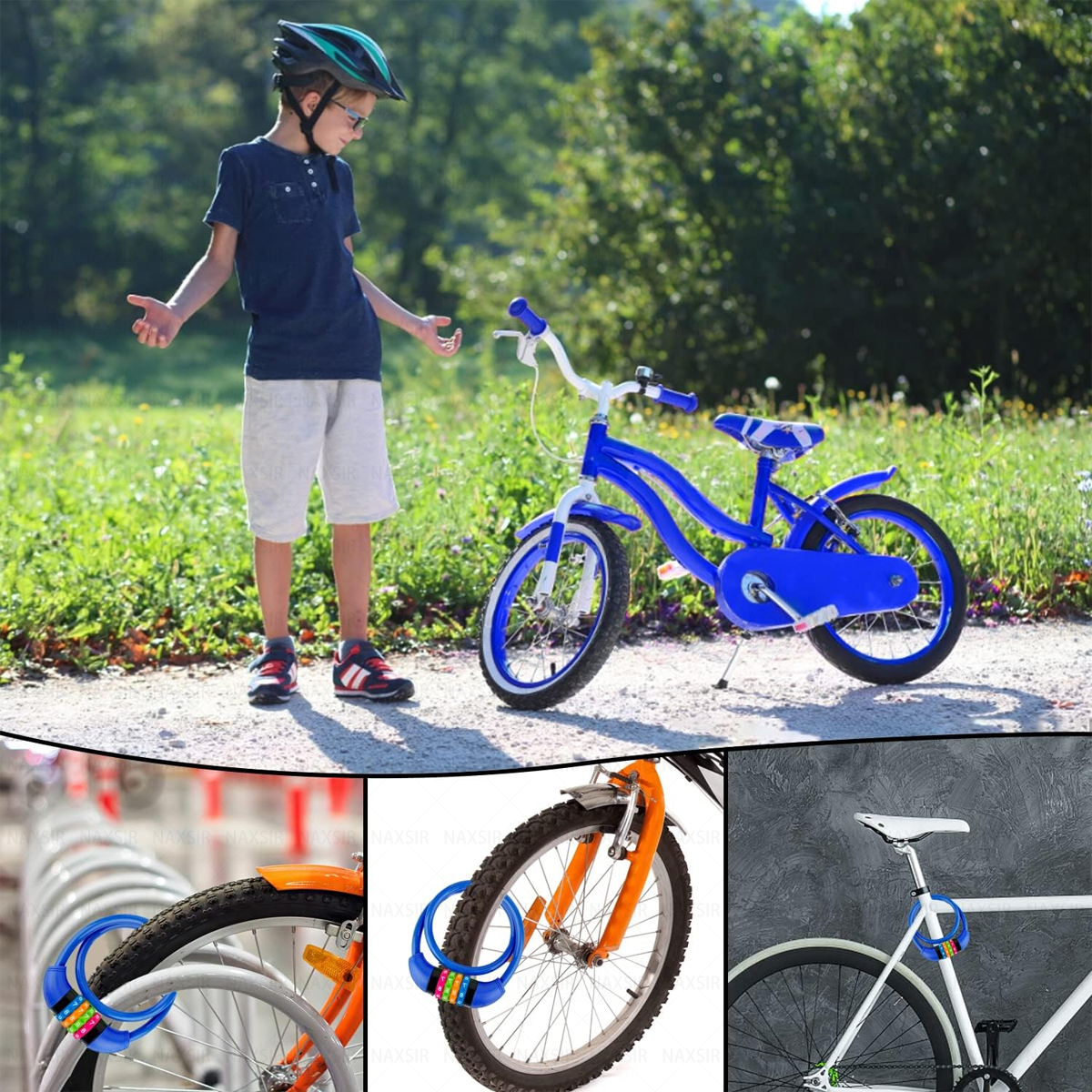Ein Junge mit Helm steht neben einem blauen Fahrrad. Das Fahrrad hat einen weißen Sitz, der Hintergrund ist verschwommenes Grün und ein Weg.