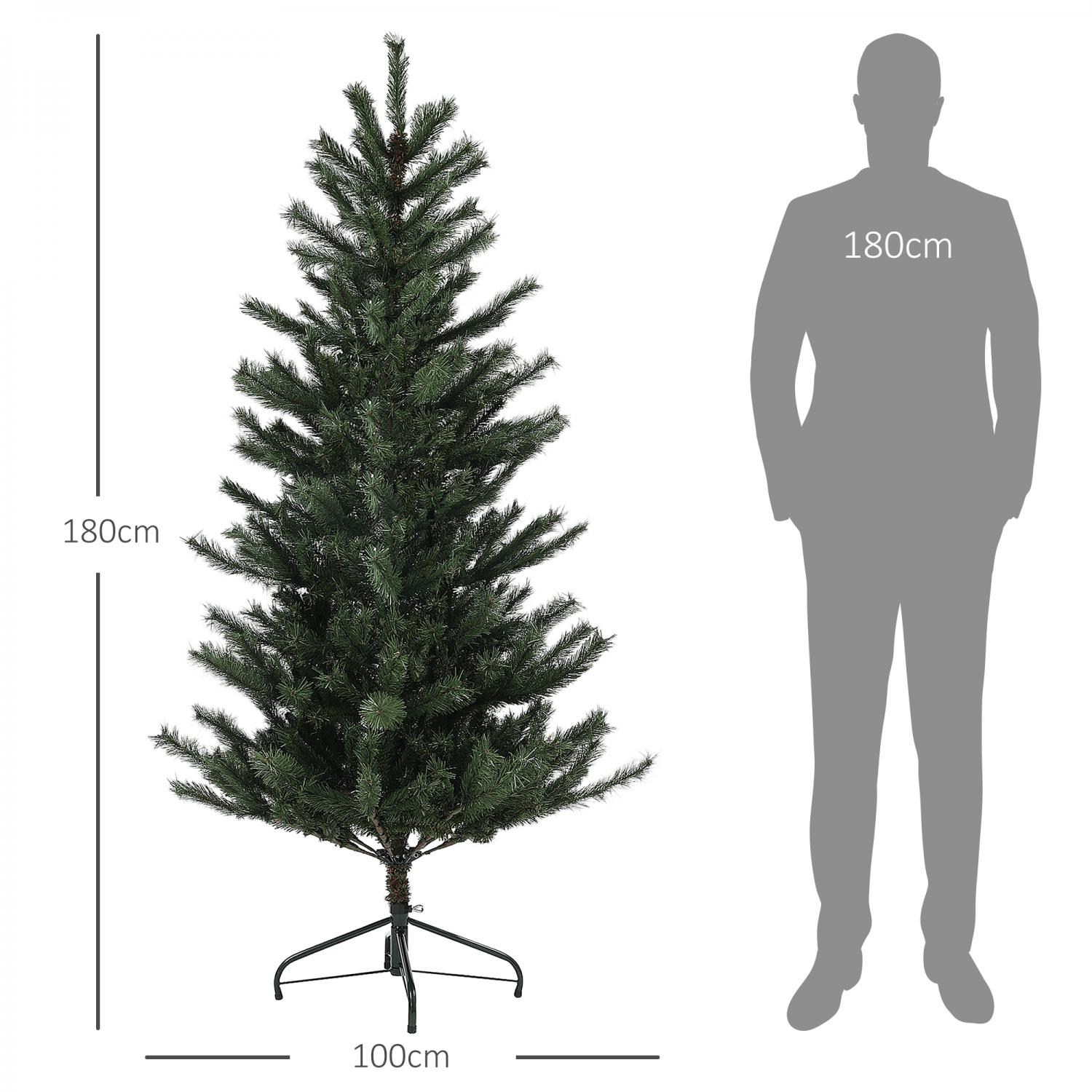 Ein 180 cm hoher, grüner, künstlicher Weihnachtsbaum neben einer 180 cm hohen grauen Silhouette einer Person. Der Baum ist 100 cm breit.
