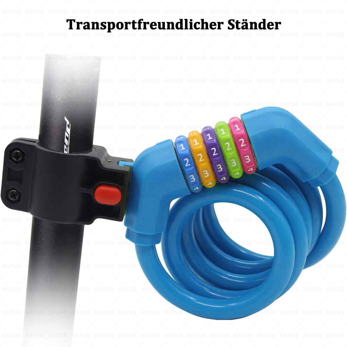 Ein blaues Fahrradschloss ist an einer schwarzen Stange befestigt. Das Schloss hat Ziffernräder und ist gewendelt. Ein roter Knopf ist am schwarzen Aufsatz.