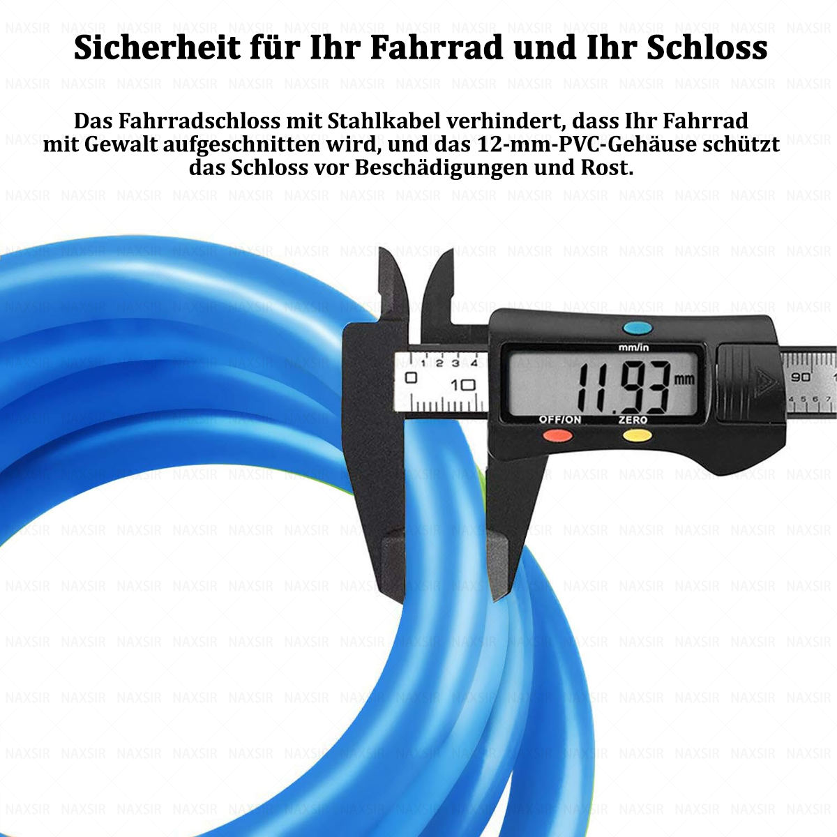 Ein digitaler Messschieber misst ein blaues Kabel. Text auf Deutsch beschreibt ein Fahrradschloss mit Stahlkabel.