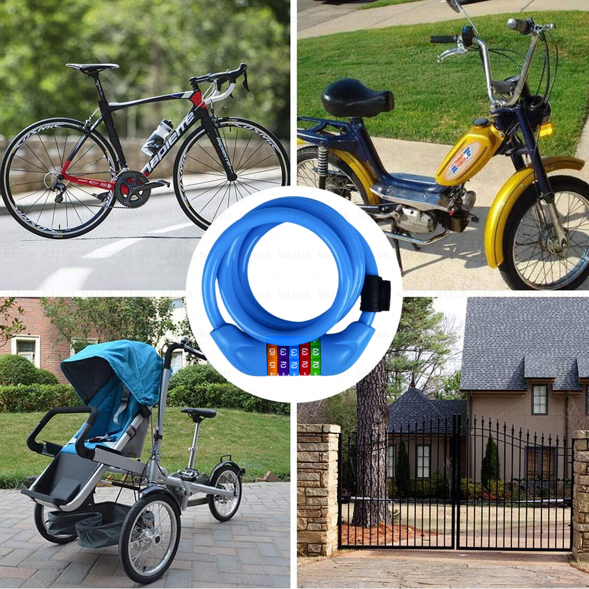 Das Bild zeigt ein Fahrrad, ein blaues Fahrradschloss, einen Roller, einen Kinderwagen und ein Haus mit einem Tor. Alle Objekte befinden sich in verschiedenen Quadranten.