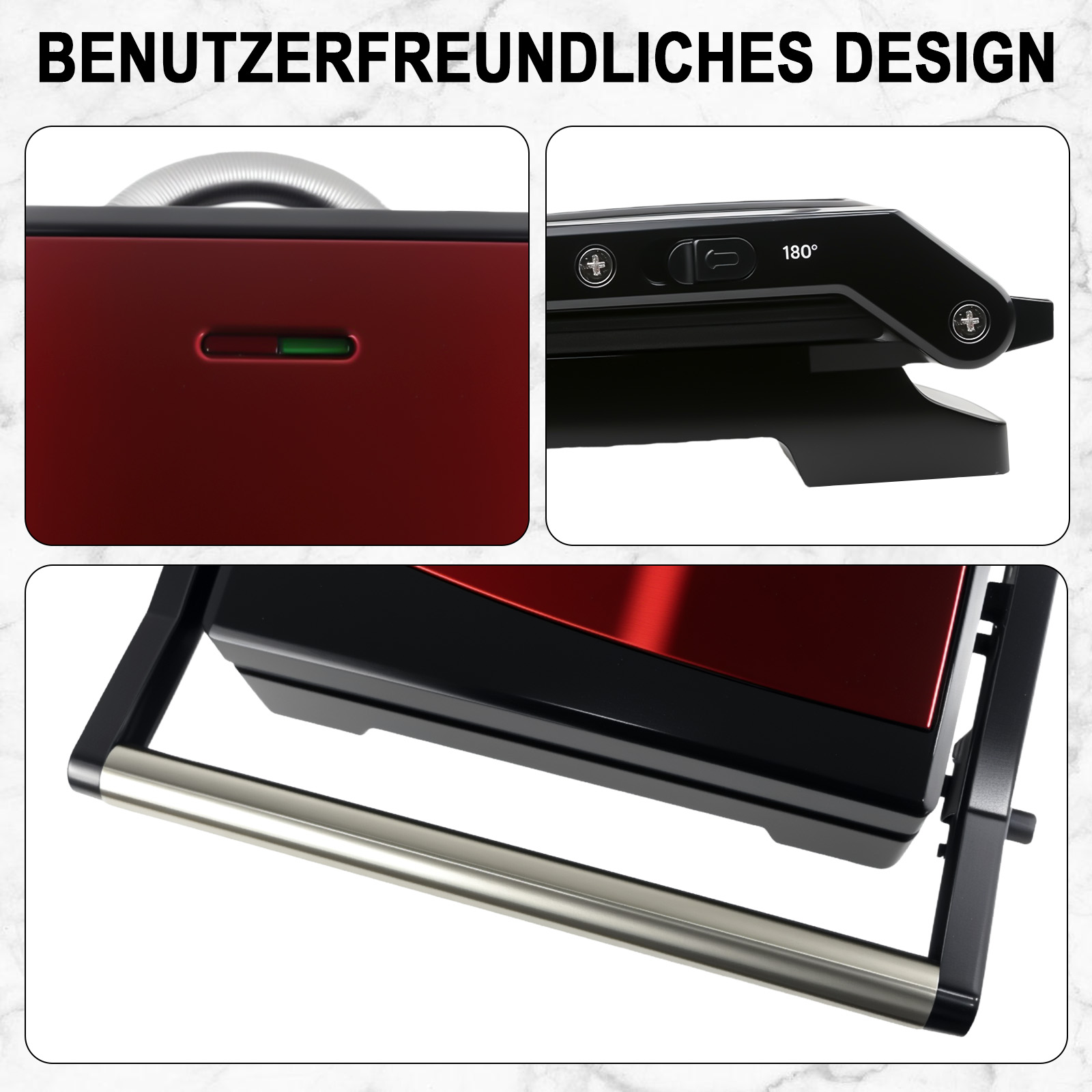 Nahaufnahme eines rot-schwarzen Geräts. Details umfassen einen Griff, Lichter und eine 180-Grad-Einstellung.