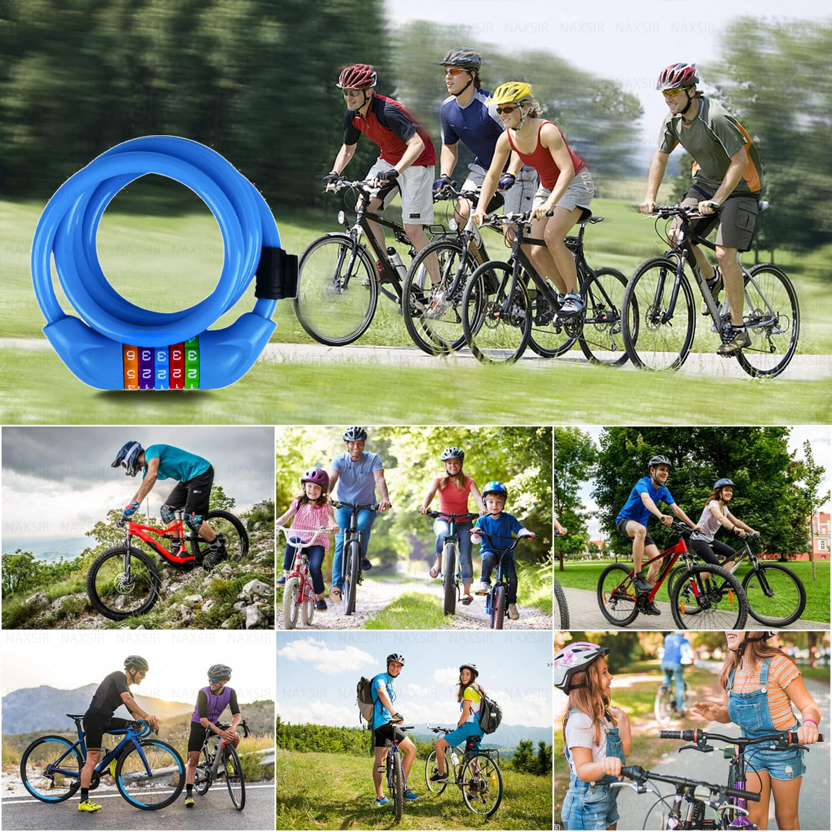 Ein blaues Fahrradschloss. Leute fahren auf einem grünen Weg Fahrrad. Kinder und Erwachsene fahren an einem sonnigen Tag Fahrrad.