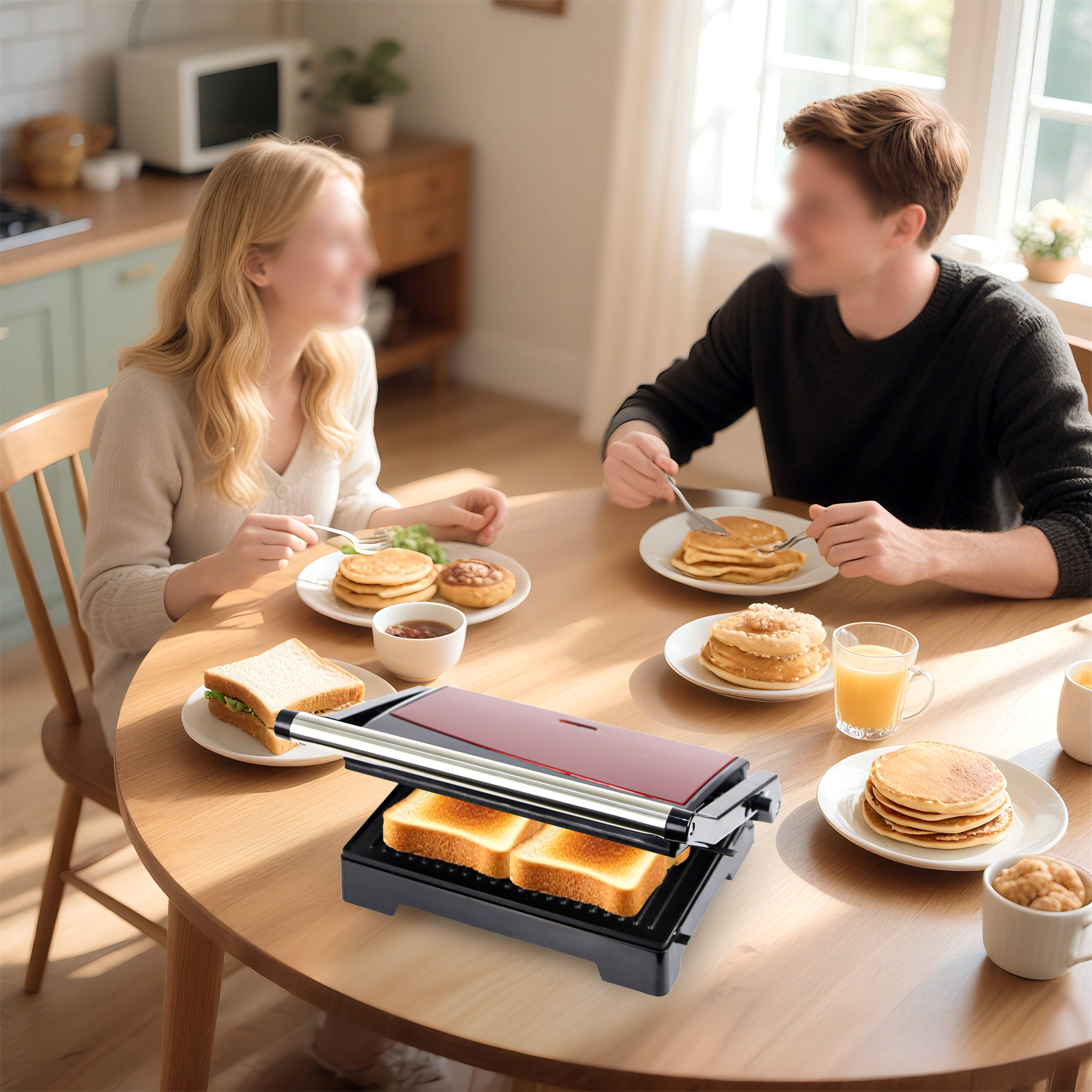 Ein Paar isst Pfannkuchen und Toast. Im Vordergrund steht ein Sandwichmaker mit Toast. Die Szene spielt sich an einem Tisch ab.