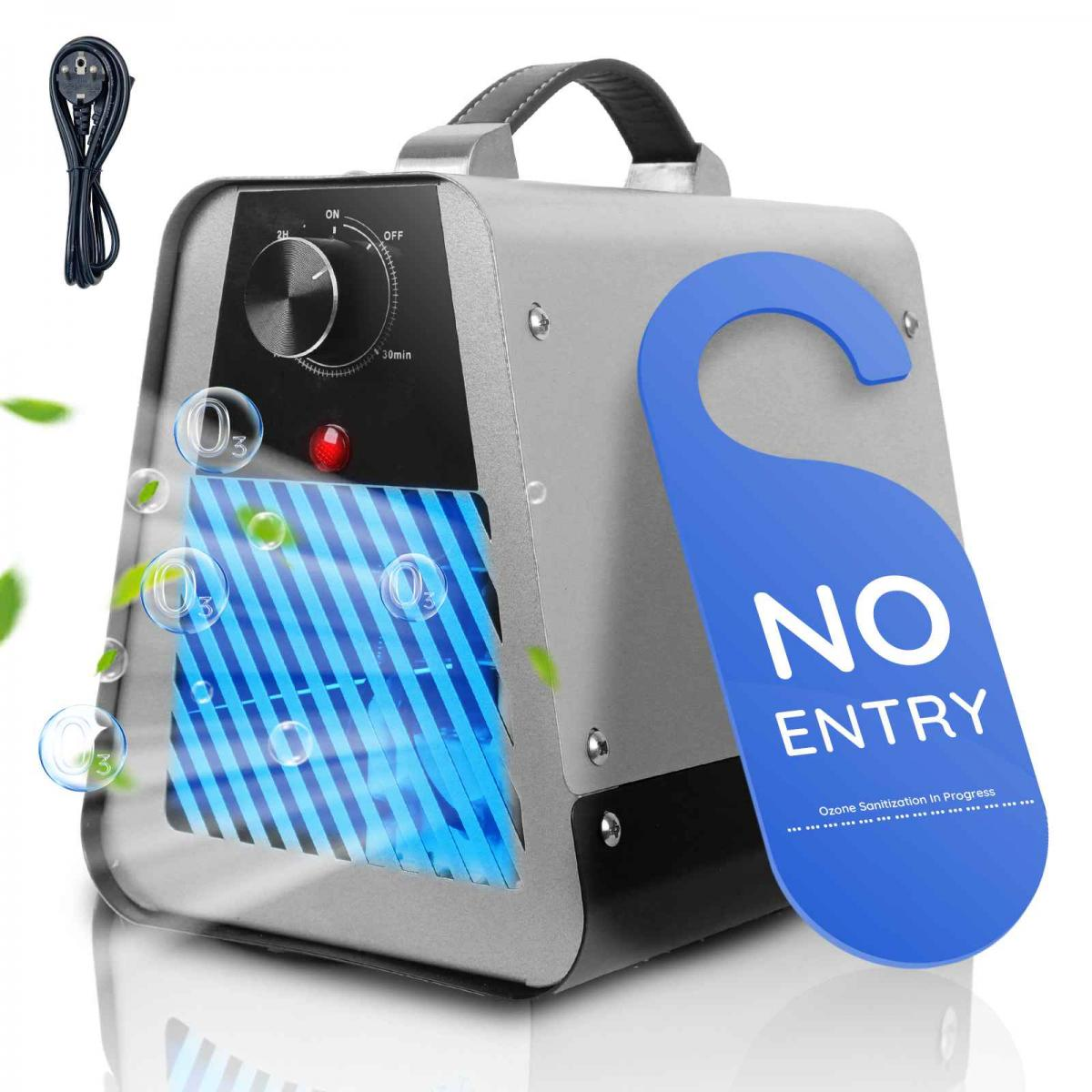 Ein Ozongenerator mit blauem "No Entry"-Schild, Netzkabel und Drehknopf. Der Generator ist silberfarben, mit einem Griff.