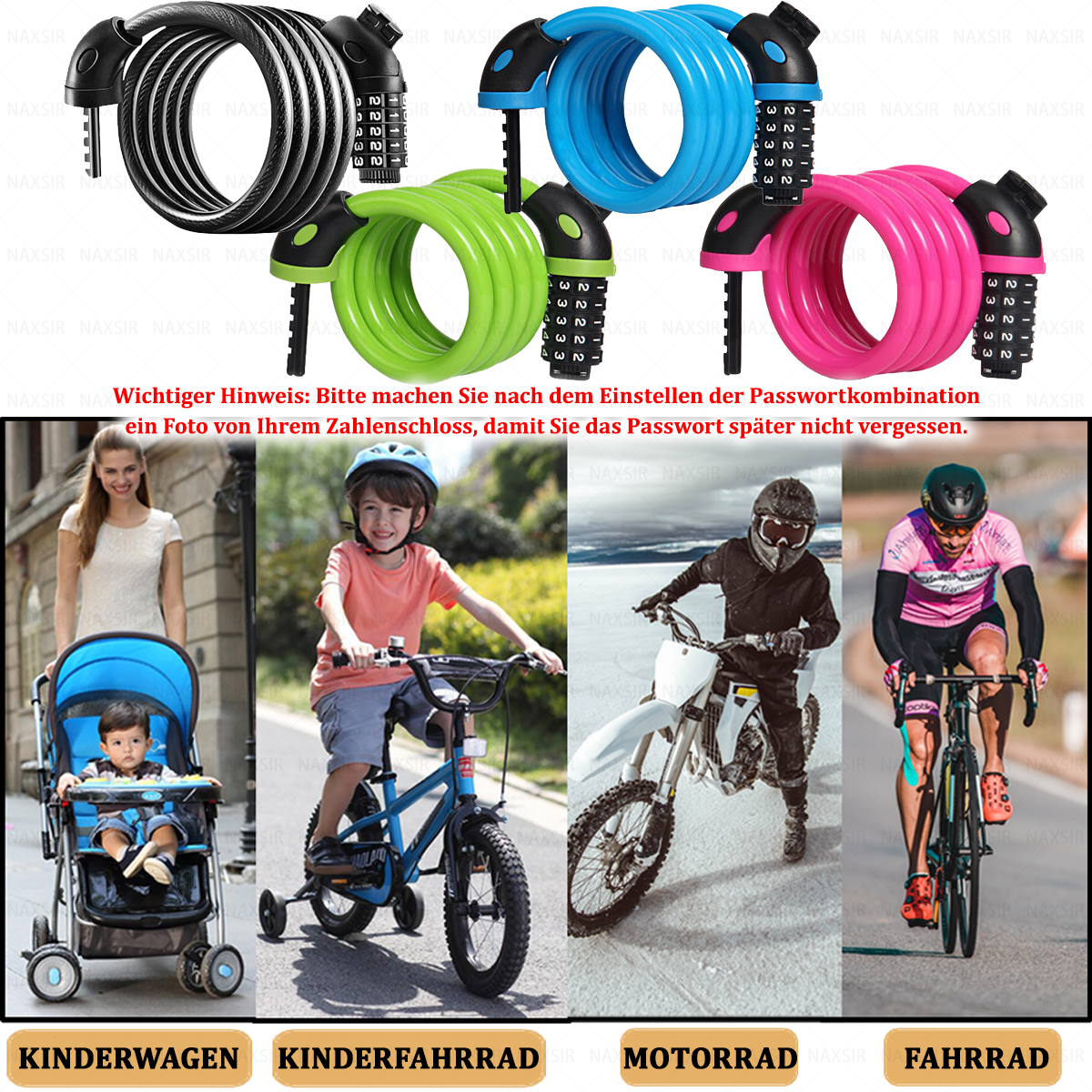 Das Bild zeigt Fahrradschlösser, eine Frau mit einem Baby im Kinderwagen, einen Jungen auf einem Fahrrad, einen Motorradfahrer und einen Radfahrer.