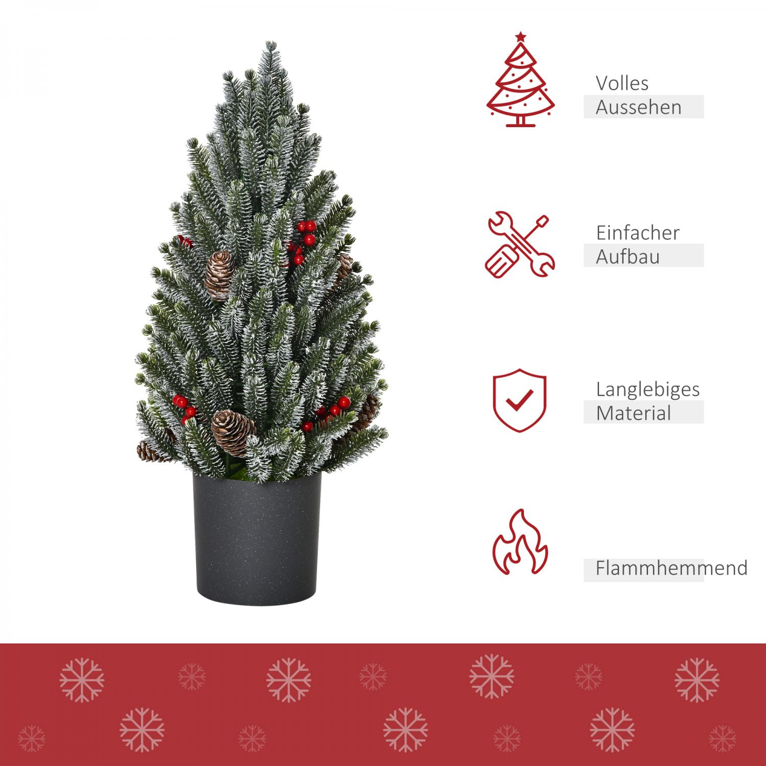 Ein kleiner künstlicher Weihnachtsbaum in einem dunkelgrauen Topf, dekoriert mit roten Beeren und Tannenzapfen, mit weißem Hintergrund.