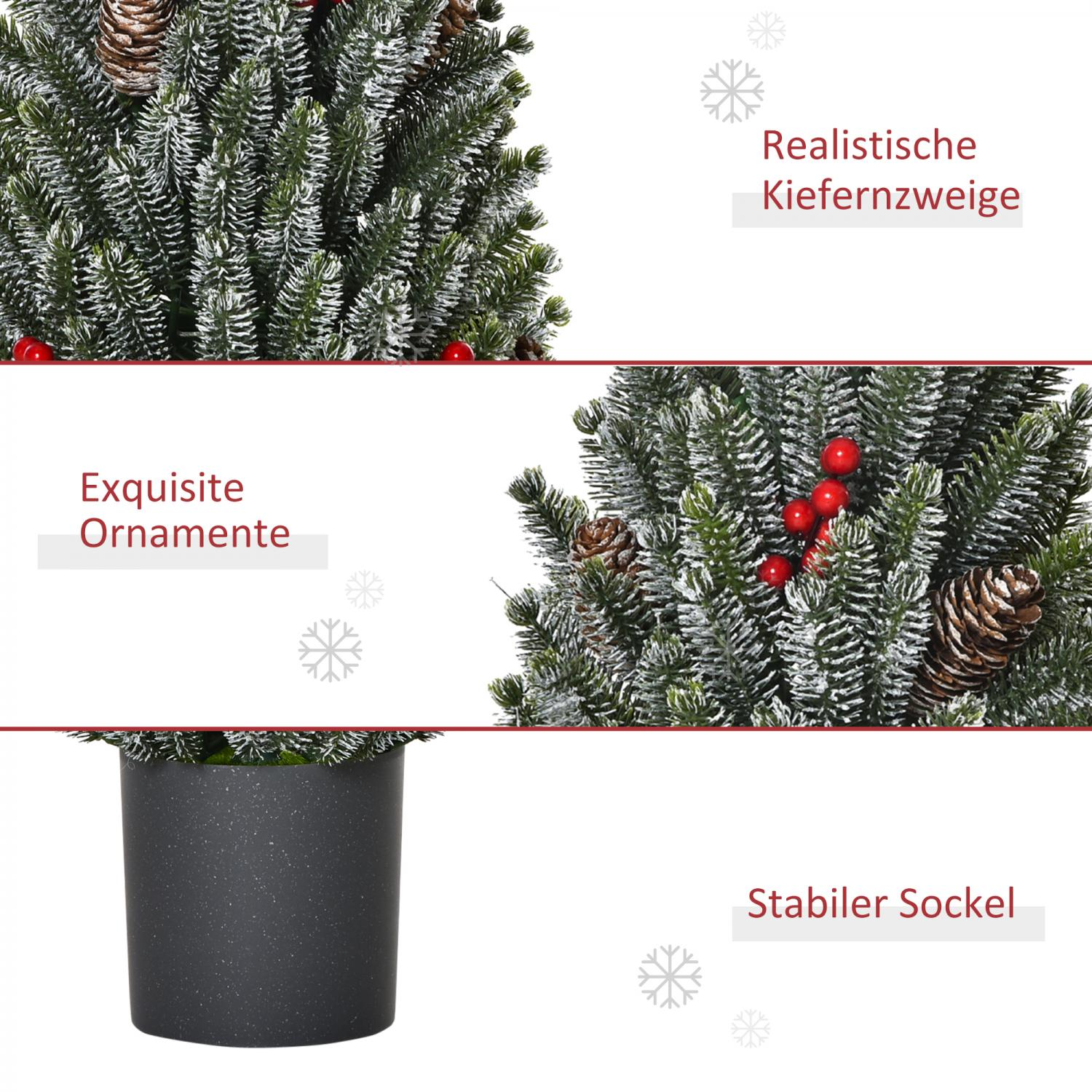 Künstlicher Weihnachtsbaum mit grünen Nadeln, roten Beeren, Tannenzapfen und einem schwarzen Topf. Schneeähnlicher Effekt auf den Ästen.