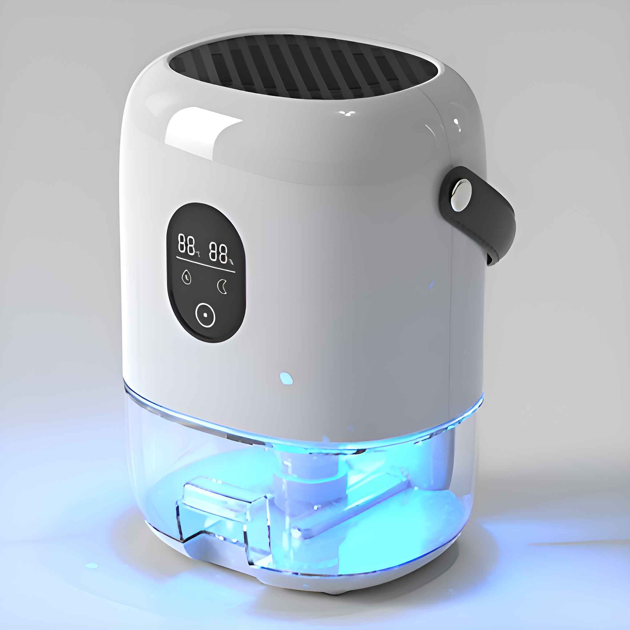 Weißer und schwarzer Luftentfeuchter mit Digitalanzeige mit Zahlen. Er hat einen schwarzen Griff und einen transparenten Wassertank mit blauem Licht.