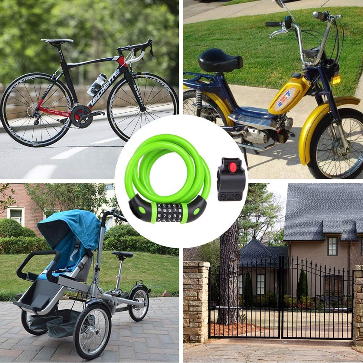 Das Bild zeigt ein Fahrrad, einen Roller, einen Kinderwagen und ein Haus mit einem Tor. Ein grünes Fahrradschloss ist in der Mitte.