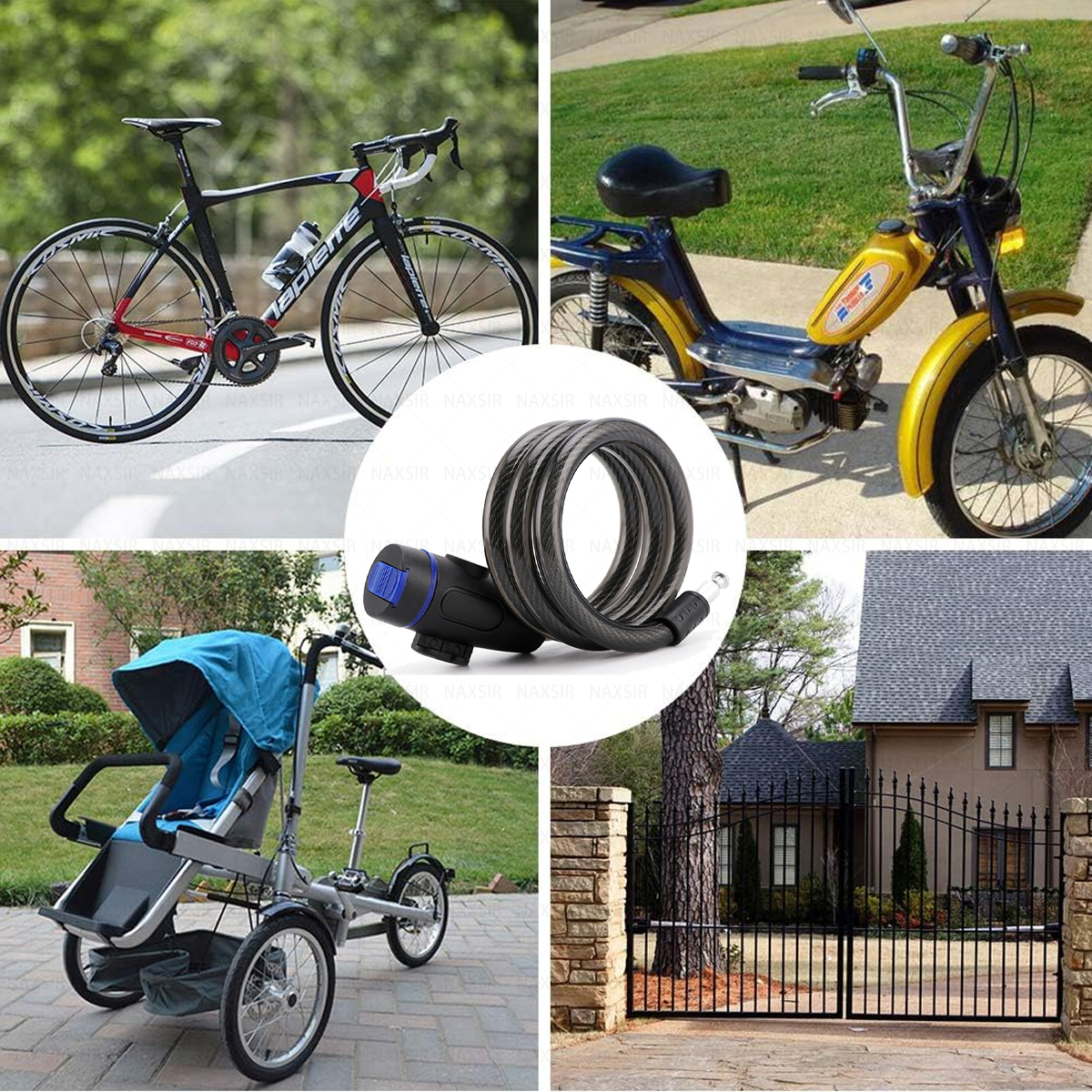 Eine Collage mit einem Fahrrad, einem Moped, einem Kinderwagen, einem schwarzen Kabelschloss und einem Haus mit Tor.