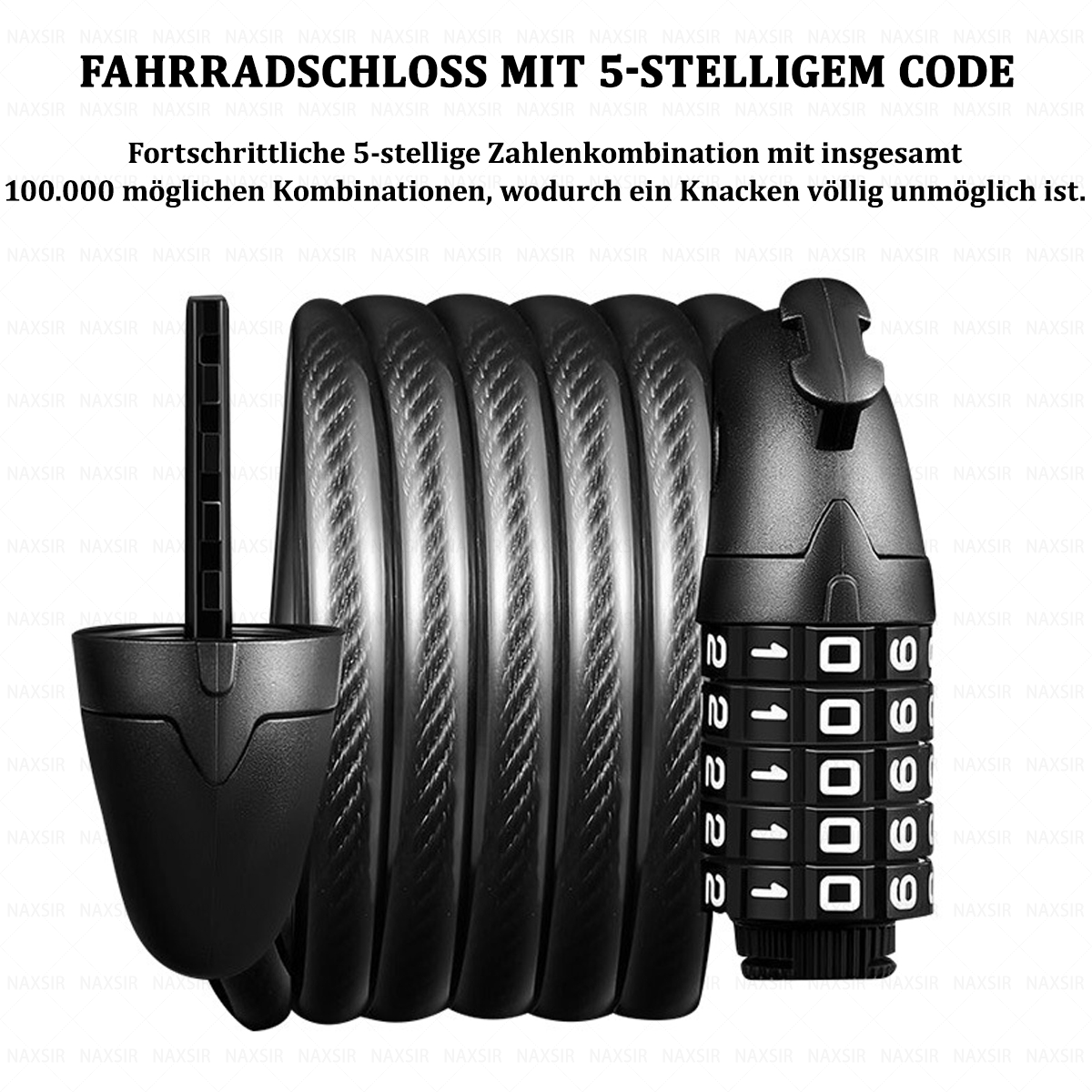 Schwarzes Fahrradschloss mit Zahlenschloss. Das Schloss ist spiralförmig, die Zahlen sind weiß auf schwarzem Hintergrund.