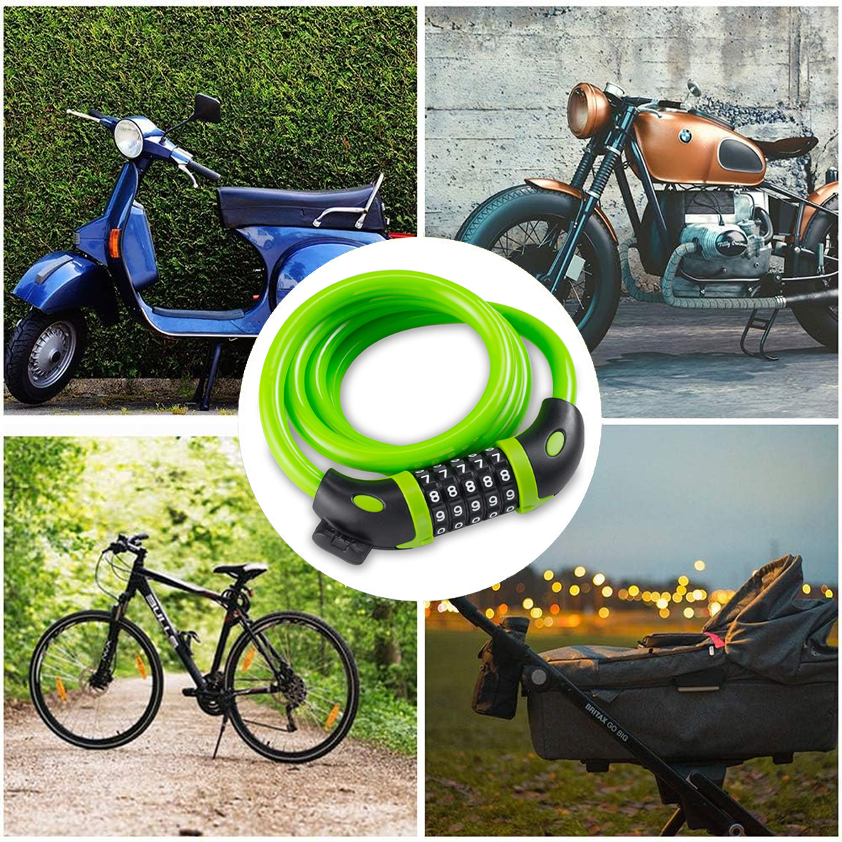 Eine Collage mit einem blauen Roller, einem Motorrad, einem Fahrrad, einem Kinderwagen und einem grünen Zahlenschloss.