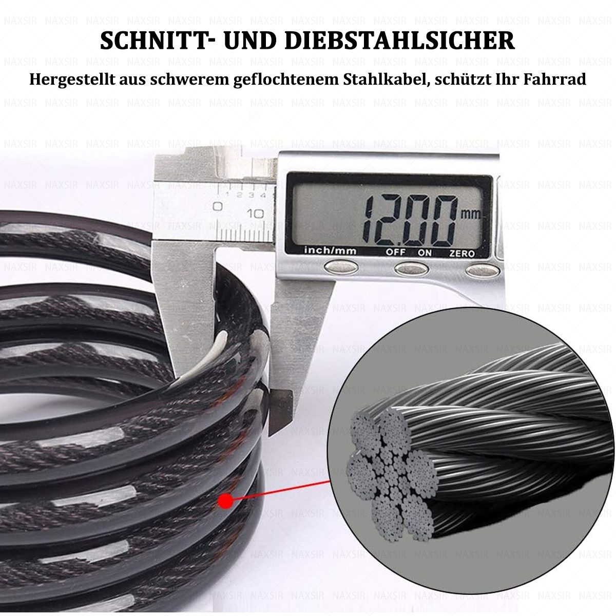 Ein digitaler Messschieber misst ein schwarzes Stahlkabel. Ein Querschnitt zeigt den geflochtenen Kern. Text auf Deutsch erwähnt Diebstahlschutz.