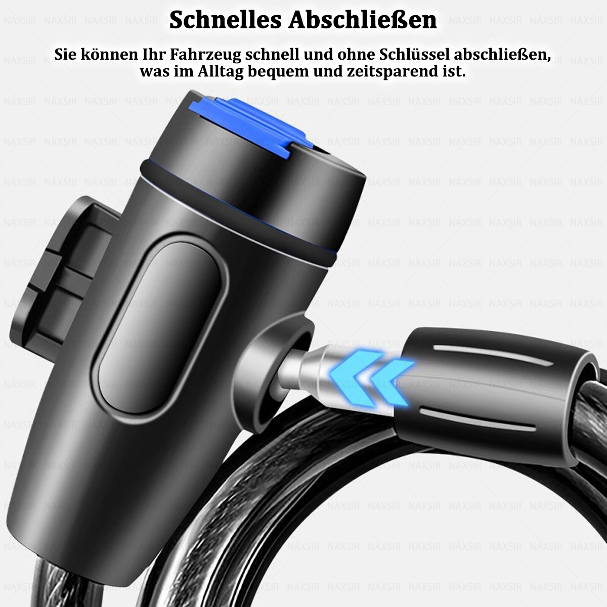 Schwarzes Fahrradschloss mit blauen Akzenten. Pfeile zeigen das Verriegeln an. Text sagt 'Schnelles Abschließen'.