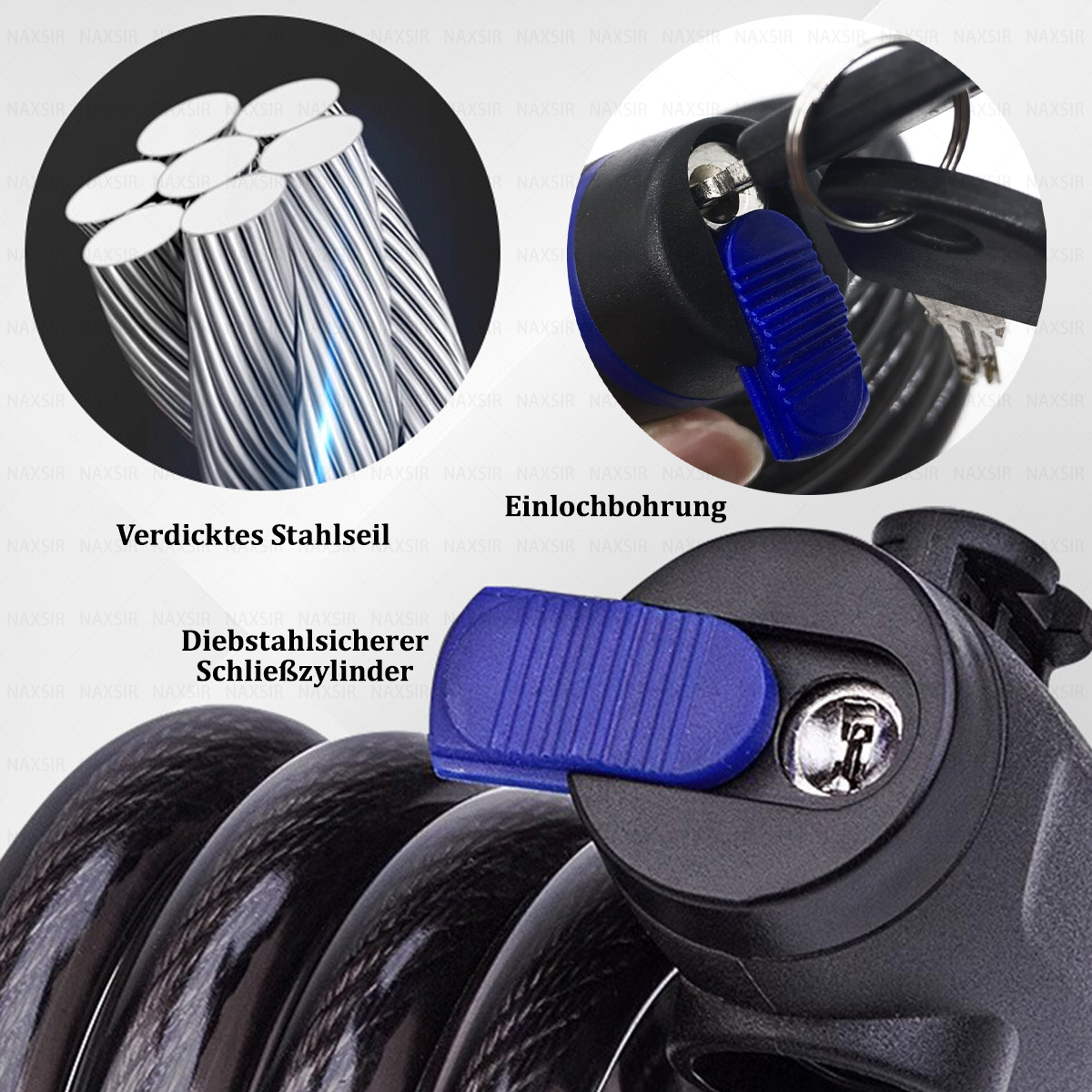 Nahaufnahme eines Fahrradschlosses. Zeigt dickes Stahlkabel, einen blauen Verriegelungsmechanismus und Schlüssel.