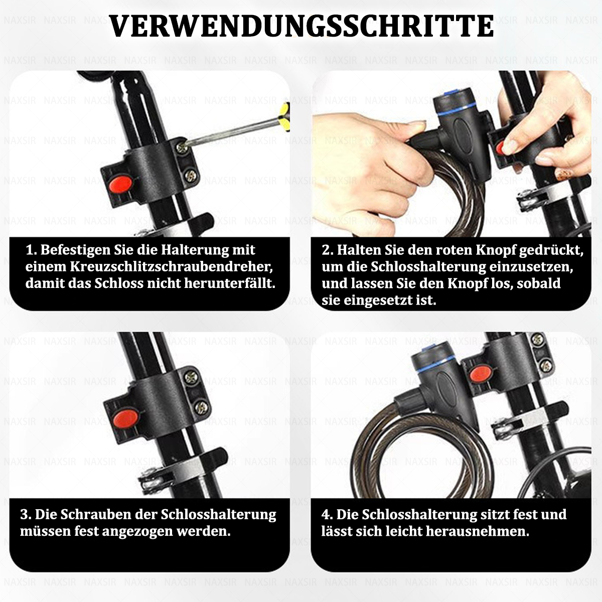Anweisungen für ein Fahrradschloss. Eine Person befestigt mit einem Schraubendreher eine Halterung und setzt dann das Schloss ein.