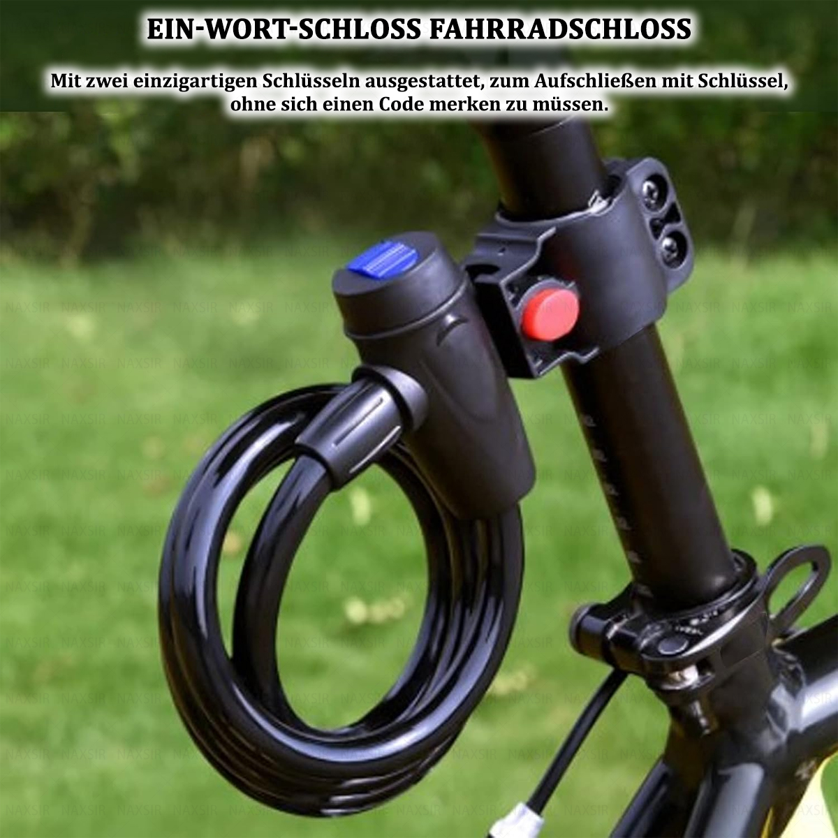 Ein schwarzes Fahrradschloss ist an einem schwarzen Fahrradrahmen befestigt. Das Schloss hat einen blauen und einen roten Knopf. Der Hintergrund ist verschwommen grün.