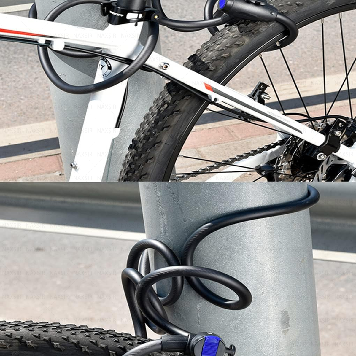 Ein Fahrrad, das mit einem schwarzen U-Schloss an einem Pfosten befestigt ist. Das Fahrrad ist weiß mit schwarzen Reifen. Das Schloss hat einen blauen Akzent.