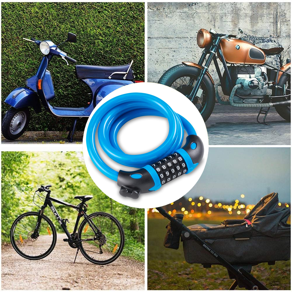 Eine blaue Vespa, ein blaues Fahrradschloss, ein Motorrad, ein schwarzes Fahrrad und ein Kinderwagen sind in einer Collage abgebildet.
