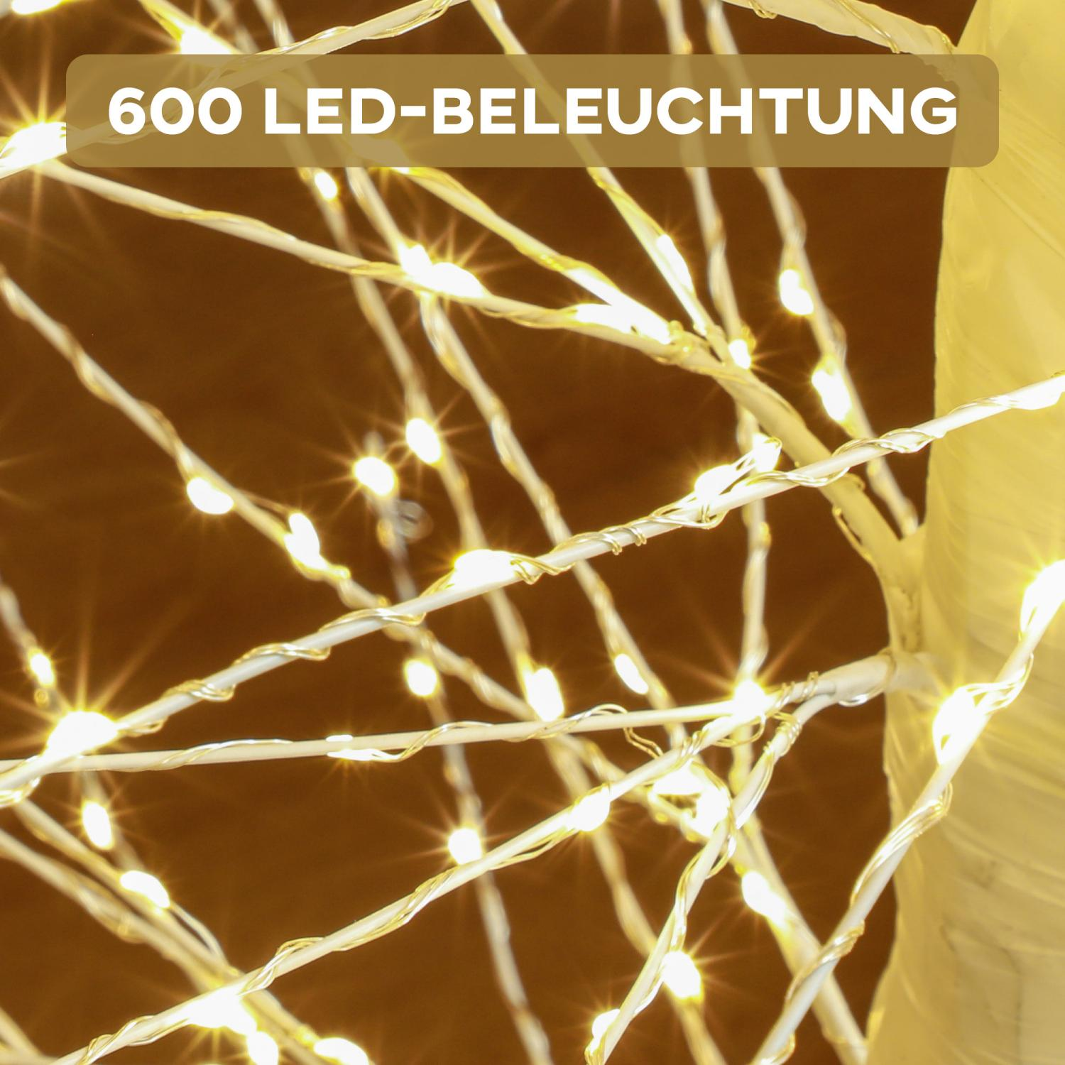 Nahaufnahme von beleuchteten Zierzweigen mit 600 LED-Leuchten. Warmweiße Lichter auf weißen Zweigen vor braunem Hintergrund.
