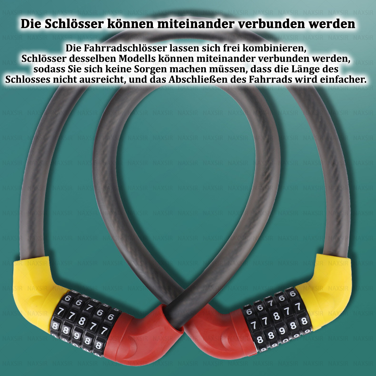 Zwei Kombinations-Fahrradschlösser sind miteinander verschlungen. Ein Ende ist rot, das andere gelb, mit Zahlen. Der Hintergrund ist türkis.