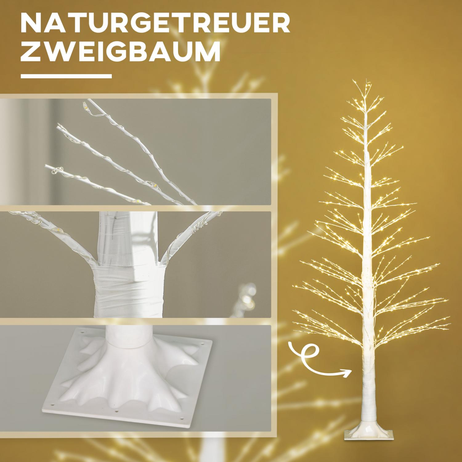 Ein weißer LED-Baum mit zahlreichen Ästen und kleinen Lichtern. Der Baum steht auf einem weißen Sockel. Der Hintergrund ist goldfarben.